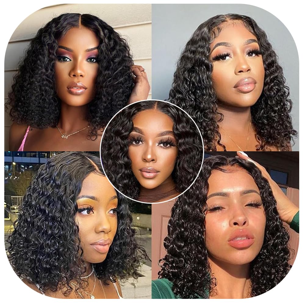Peluca Bob Lace 4x4 Glueless Deep Curly Lace Bob Wigs Wear and Go Brazilian Pelucas Cortas para Mujer Pre Cut Human Hair Wig Pelucas de Cabello Humano Pre Plucked 10 Pulgada Natural Black