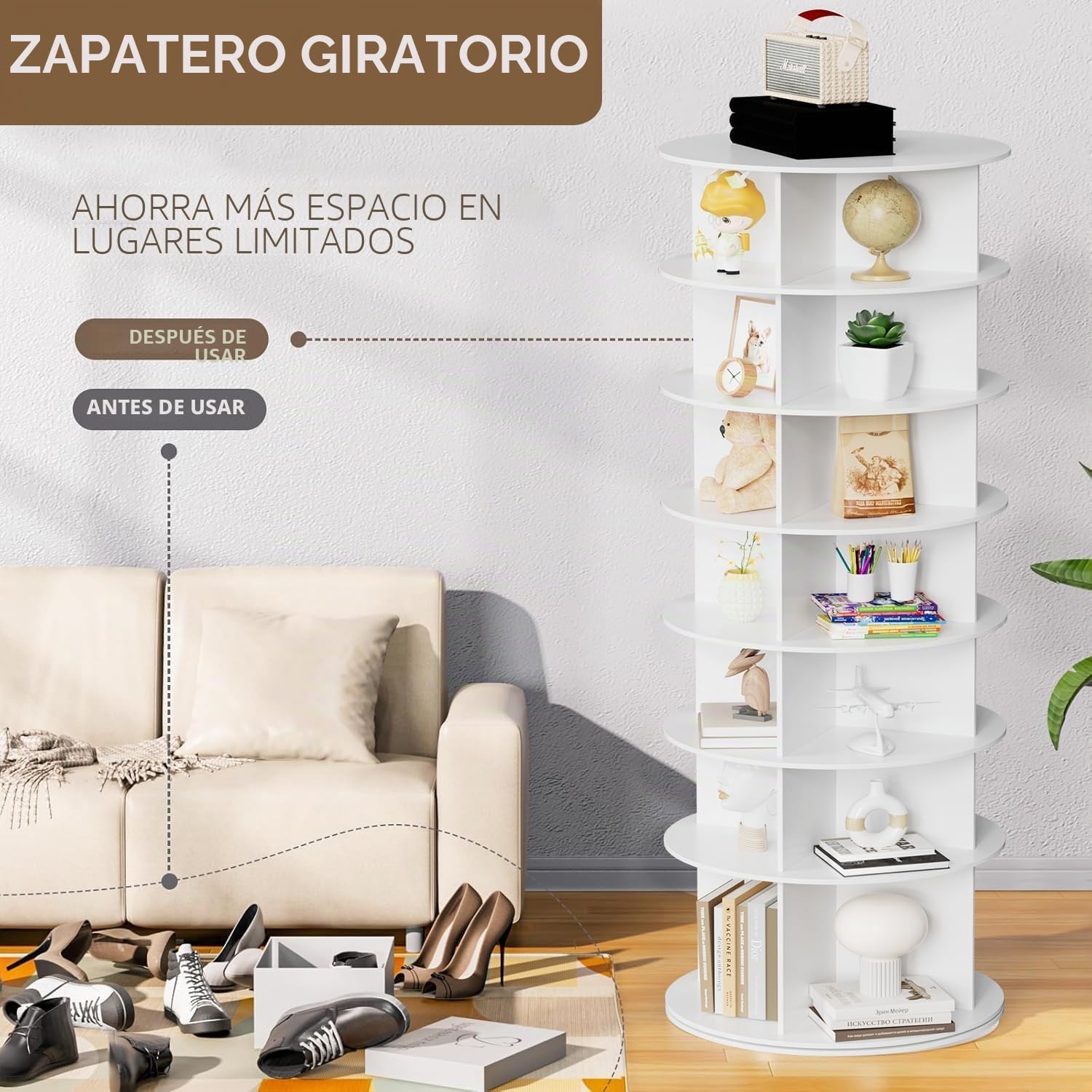 MYOYAY Estante giratorio para zapatos, torre giratoria de 7 niveles, exhibición de zapatos Lazy Susan de 360 grados, organizador de bolsos vertical redondo, ahorra espacio, sostiene más de 28 pares de