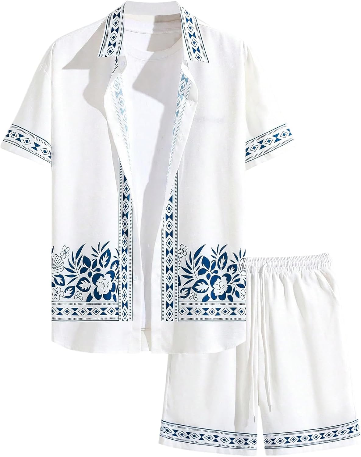 VIPWOLF Men's Floral Short Sleeve Button Down Vacation Shirts and Drawstring Beach Shorts Sets