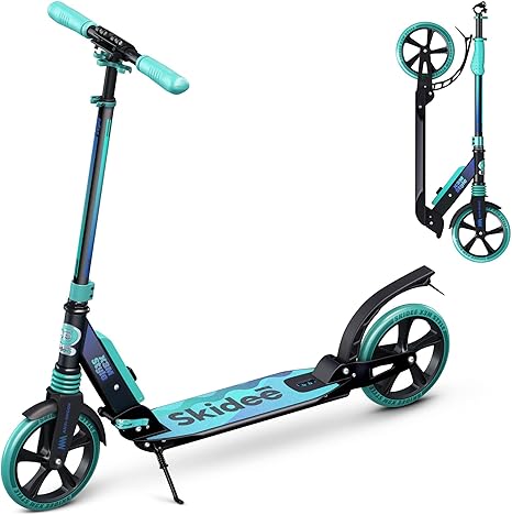 Skidee Adult & Teen Scooter Adjustable Height, Folding, Large Wheels, Lightweight, Durable, Anti-Shock Suspension, Up to 220 lbs