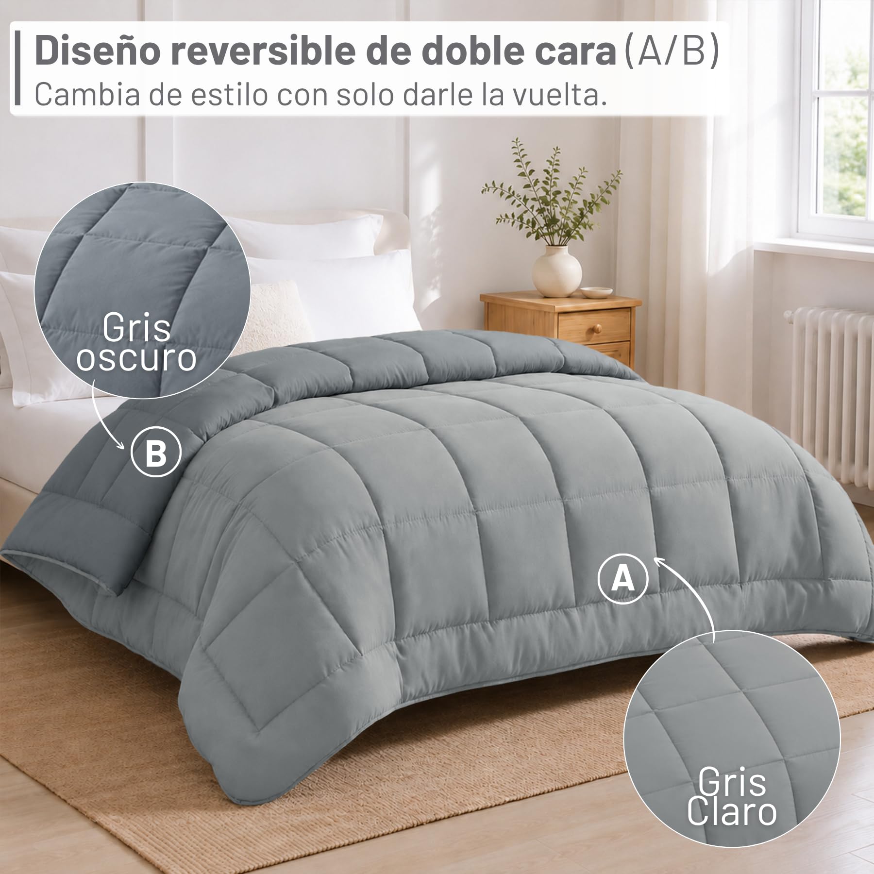 DALINA Edredón de Fibra para Cama 150, 240 x 220 cm, 170gr/M², Gris | Relleno Nórdico 100% Poliester, Doble Cara Comfortable, Suave, Transpirable, Ligera