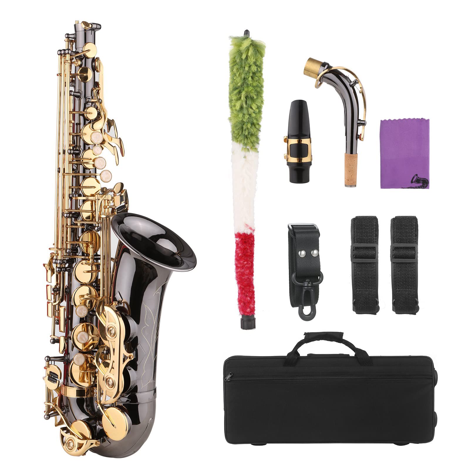 Przyciski muszli, instrumenty muzyczne, saksofon Korpus z mosiądzu niklowanego z grawerowanymi klawiszami z masy perłowej Instrument dęty drewniany z futerałem Ściereczka do polerowania Szczotka Paski