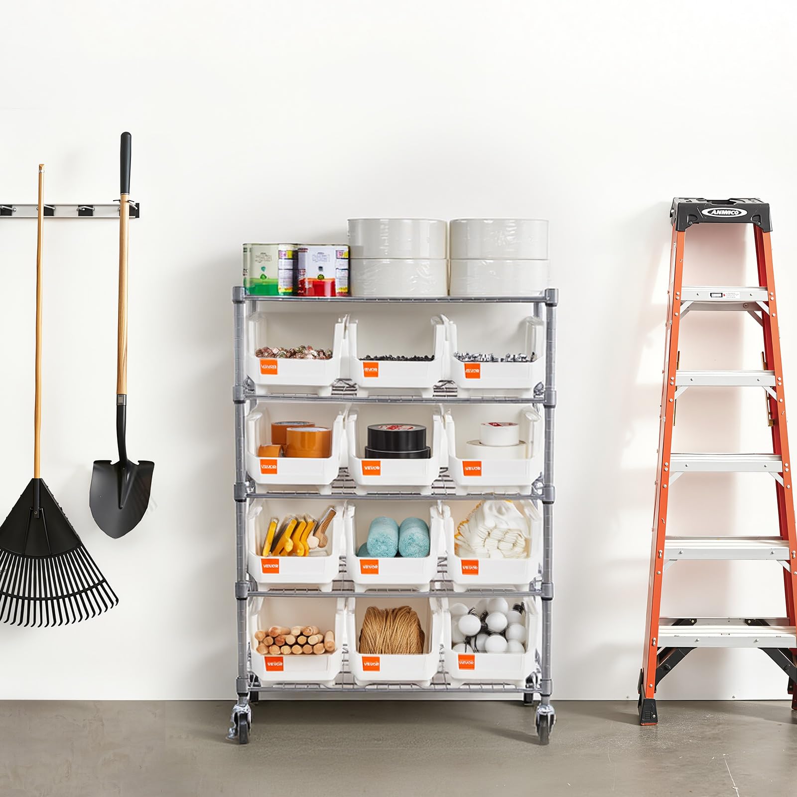 VEVOR Étagère de Rangement Mobile 5 Niveaux Rayonnage sur roulettes 12 Bacs pour Garage, Entrepôt, Bureau, Restaurant, Salle de Classe, Cuisine, en Fil d'acier, avec roulettes Pivotantes et 2 Freins
