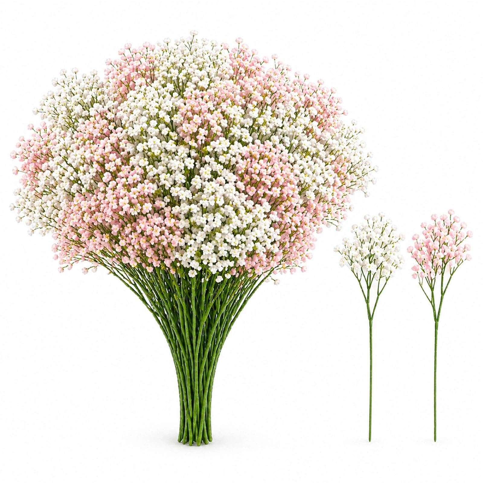 16 Pcs Artificial Baby’s Breath Flowers, Real Touch Gypsophila Faux Flowers with 28cm Short Stems, White & Light Pink for Wedding Bouquets, DIY Floral Arrangements, Home Decor & Table Centrepieces