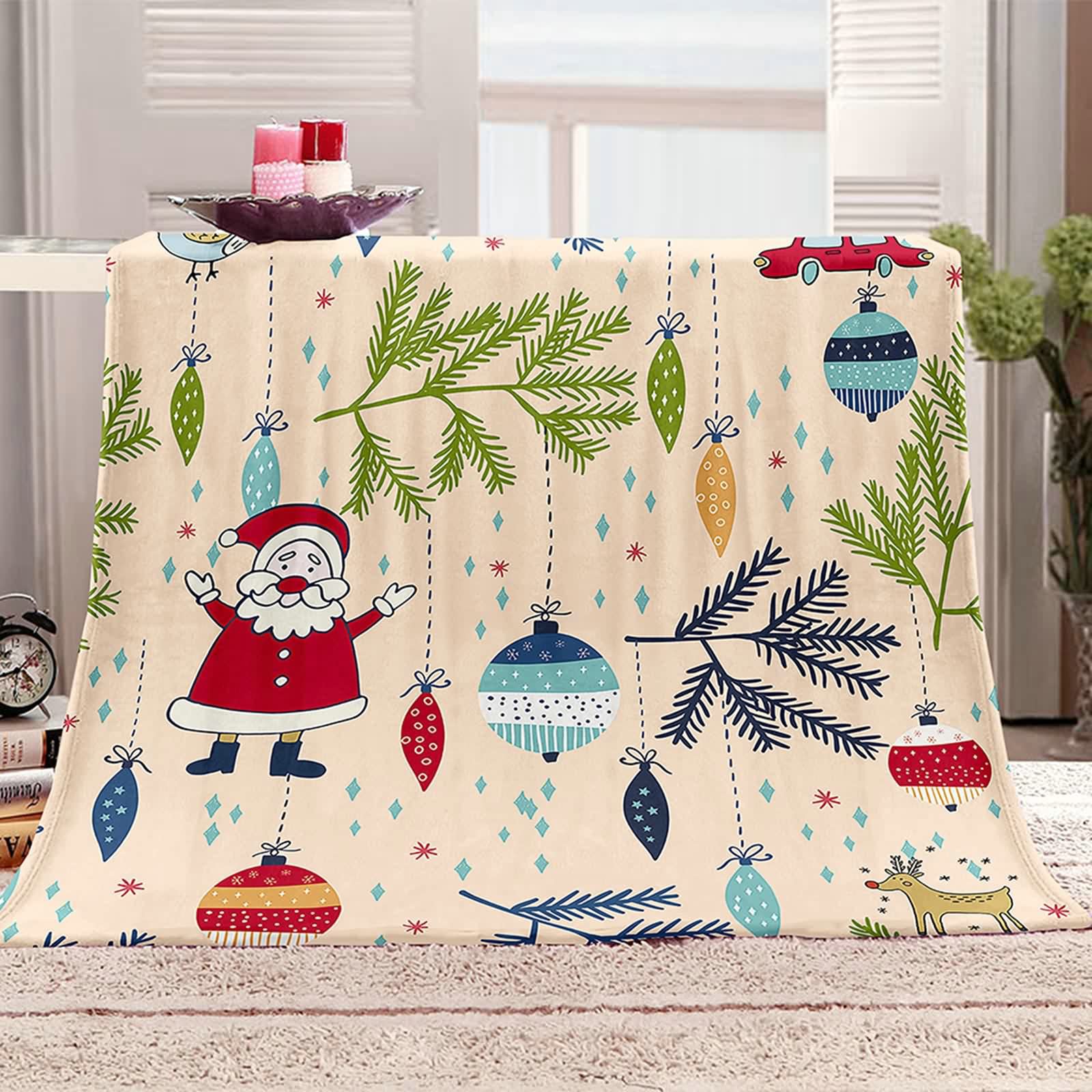 Aeici Manta polar, manta impresa para niños 180 x 240 cm Papá Noel con hojas de pino y bolas de Navidad decoración navideña manta de sofá regalo de invierno para adultos y niños
