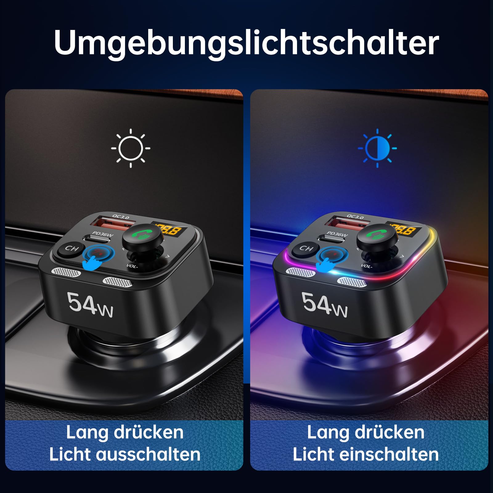Syncwire Bluetooth 5.4 FM Transmitter Auto Ladegerät 54W PD&QC3.0 USB C Auto Adapter [Schnellladung] [Stärkere Dual-Mikrofone & HiFi-Basston] [Lichtschalter] Kabelloser Radio Freisprechanlage