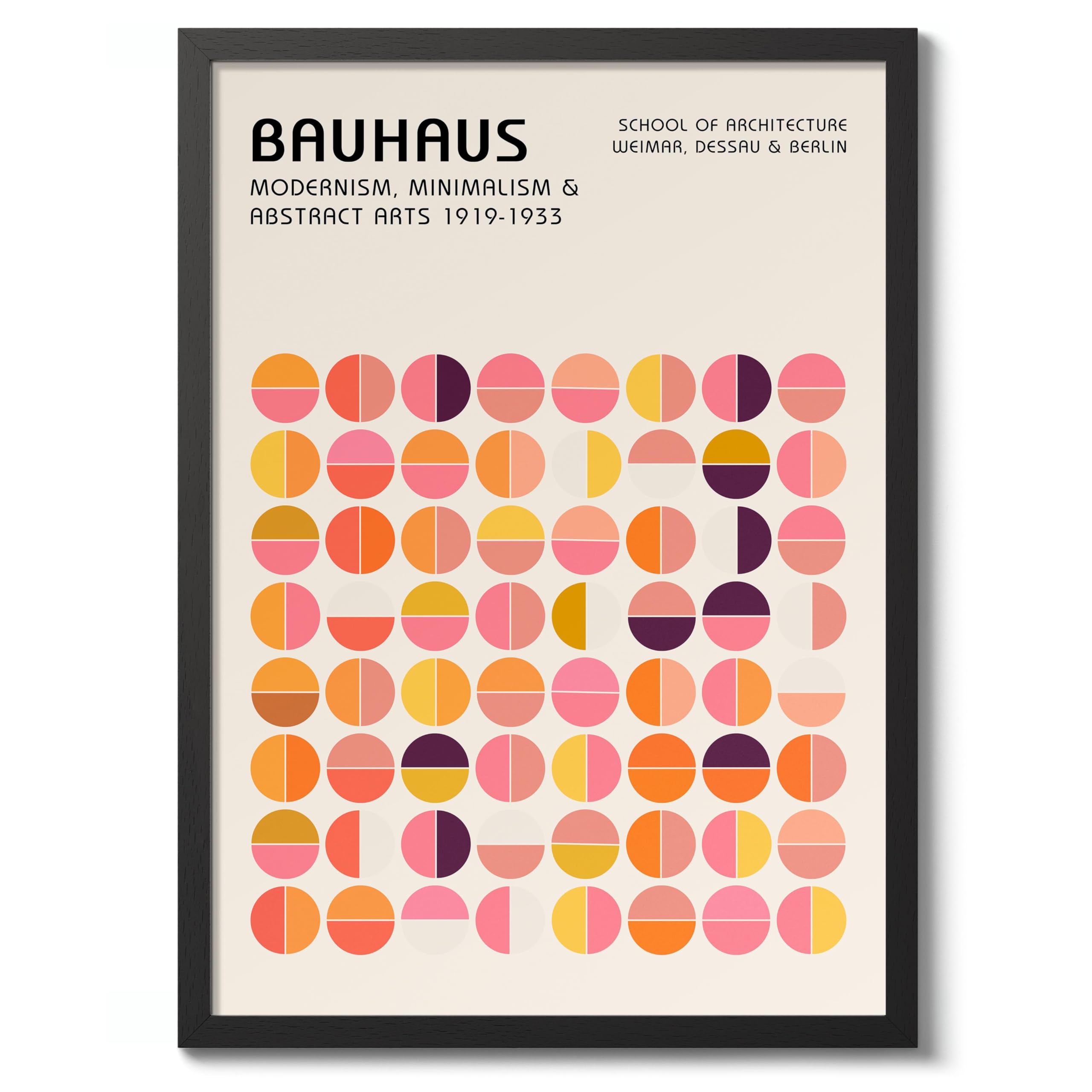 Pink & Orange Circles Bauhaus Poster Mid Century Modern Wall Decor Print, Abstract Geometric Wall Art Boho Abstract Artwork Architecture, Archival Matte, A4 (Black Frame) - 29.7x21cm
