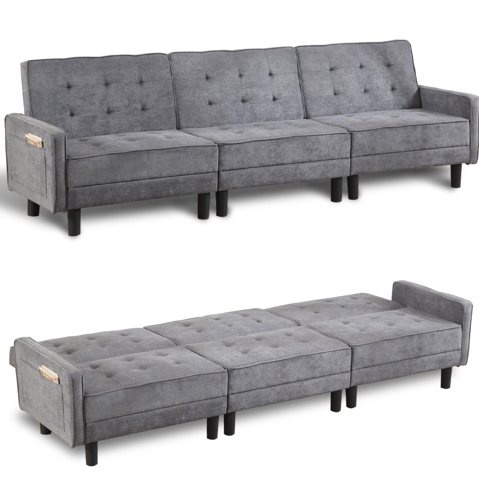 SAMERY Futon Sofa Bed Loveseat Sleeper Sofa Couch Bed, Modern Comfy Fabric Convertible Futon Sofa Bed Sleeper Couch with Side Pockets/Arm for Living Room Office (Grey, 3-Seater)