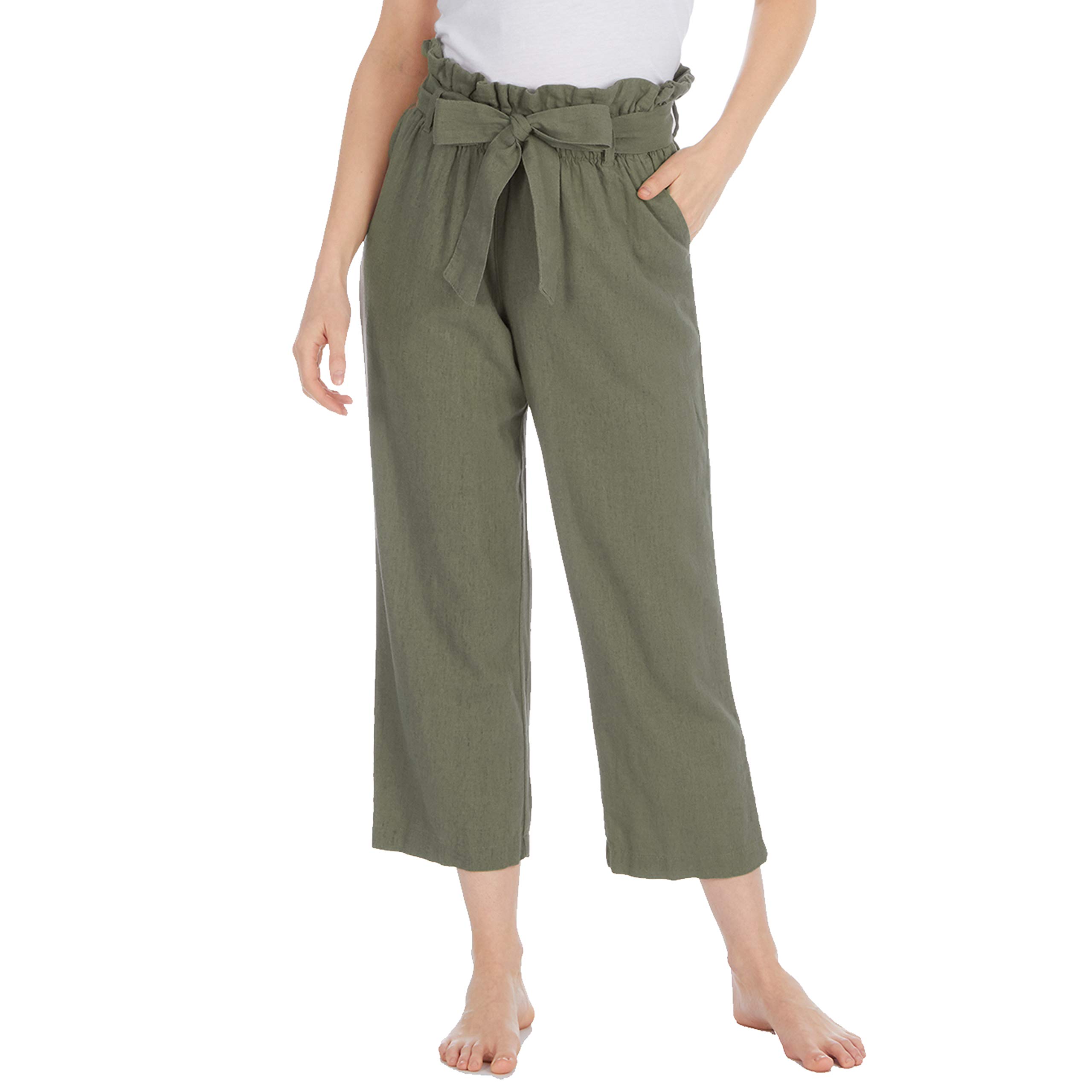 Metzuyan Womens Ladies High Paperbag Waisted Pants Crop Linen Trousers Khaki 16