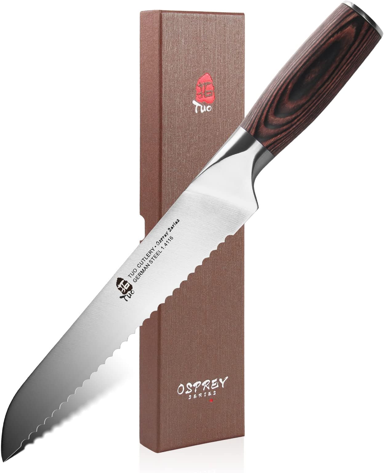 TUO Serrated Bread Knife 8 inch - Professional Bread Cutter Cake Carving Slicer Knife - German HC Stainless Steel Ultra Sharp Wavy Edge- Ergonomic Pakkawood Handle with Gift Box - Osprey Series
