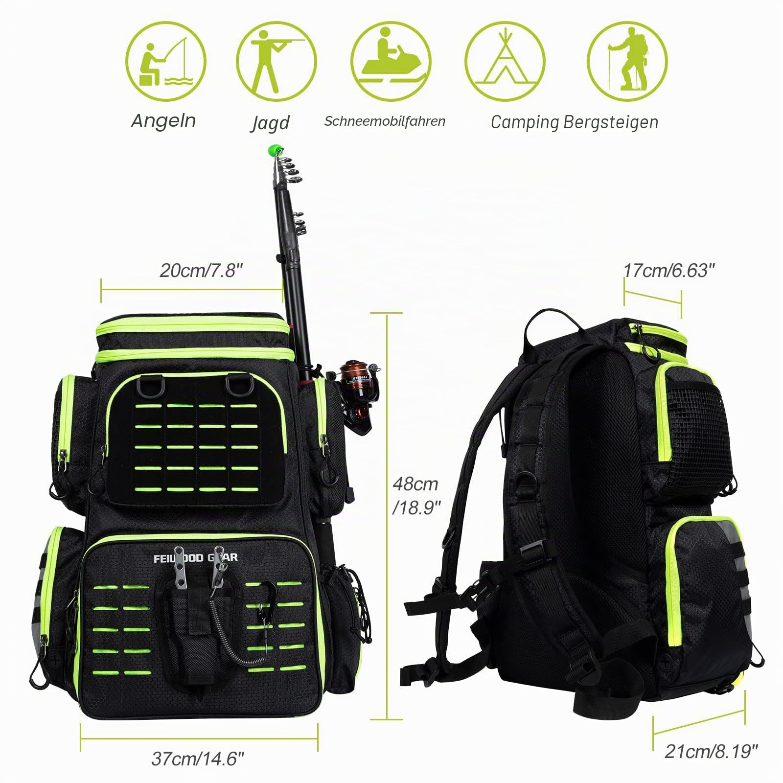 Angelausrüstungs-Rucksack mit 4 Angelboxen, großer Stauraum – widerstandsfähiger Angelrucksack mit Rutenhalter für Angeln, Camping, Wandern, Outdoor-Sport