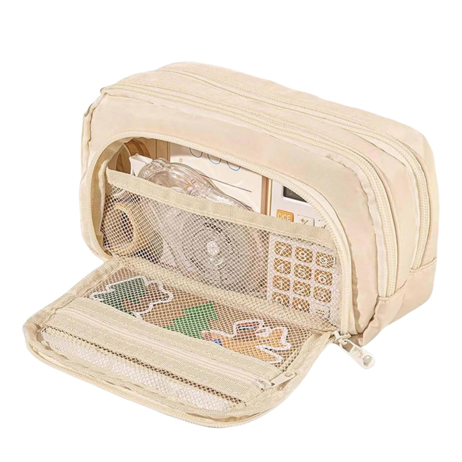 Genérico Estuches Escolares, Estuches Escolares 3 Compartimentos, Estuche Escolar Grande Capacidad Estuche Bolsa de Lápiz Maquillaje para Niñas, Niños, Adolescentes, Mujeres, Hombres (Beige)
