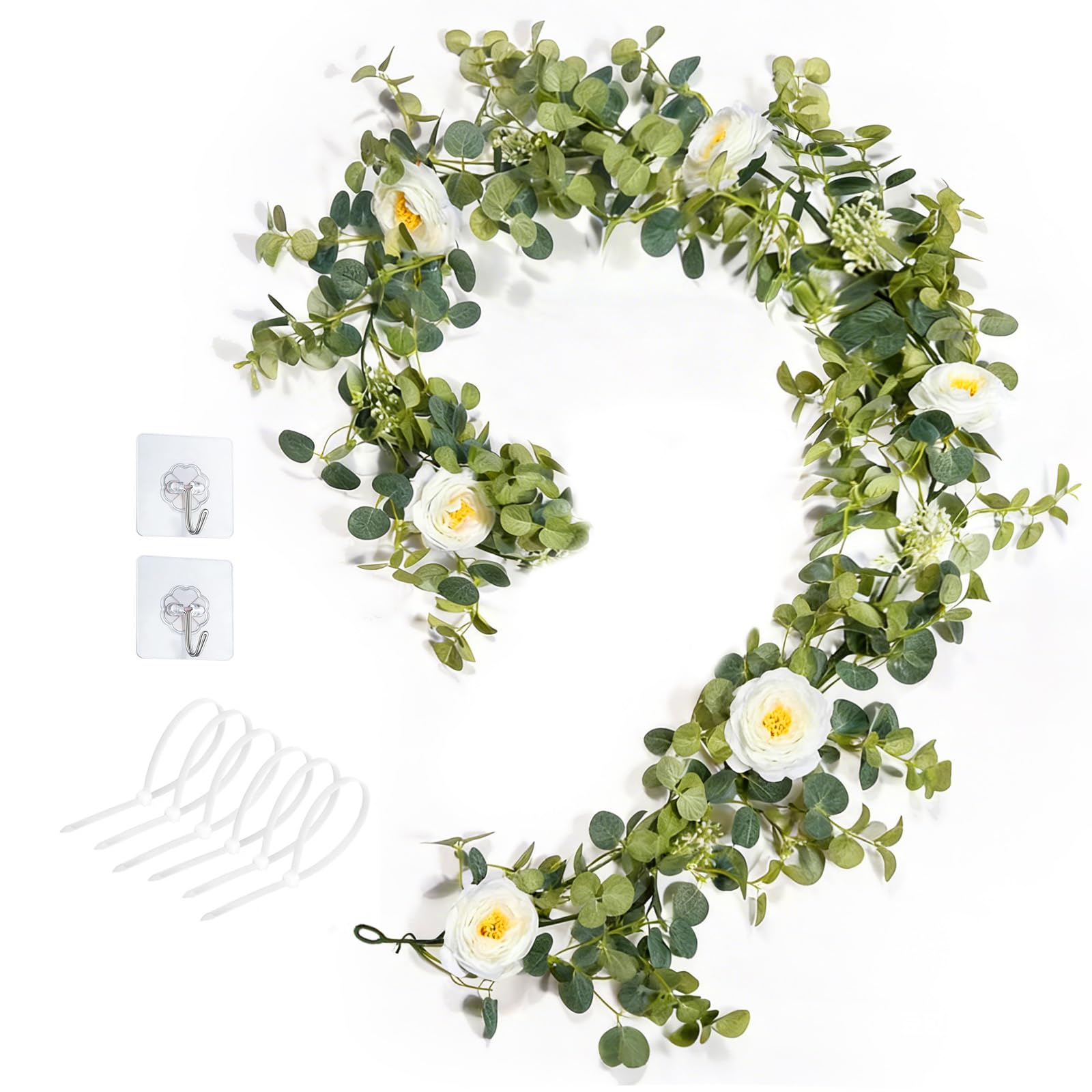 BaiMoure 6ft Artificial Eucalyptus Garland with 6 White Roses, [Hooks & Ties Included] Decorative Leaves Greenery Vines for Wedding Arch, Table Runner, Fireplace, Home Decor (1 Pack)