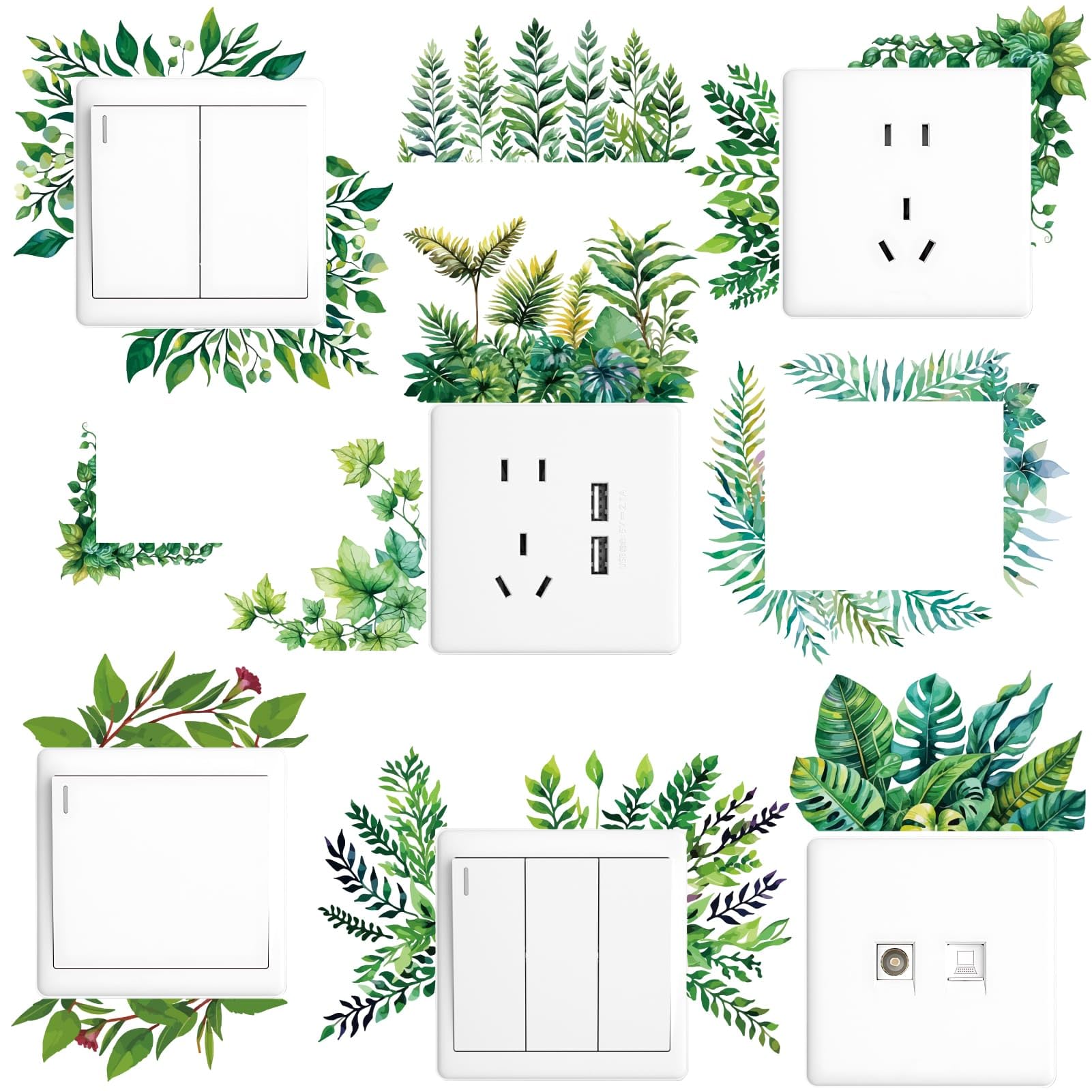 PRESSINART 4Pcs 4 Styles Light Switch Decal Green Leaf Vinyl Stickers Plant Leaf Design Waterproof Peel and Stick Light Switch Stickers Decor for Home Bedroom Living Room Bathroom Office Decoration