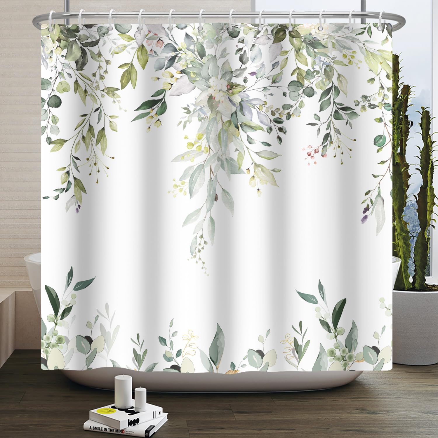 Kzzfqxb 183x183cm Leaves Shower Curtains with Hooks, White Background Hanging Vines Greenleaves Plants Branches Occluded Waterproof for Bath, Polyester Fabric Bathroom Bathtub Natural Fresh Decor — image 1
