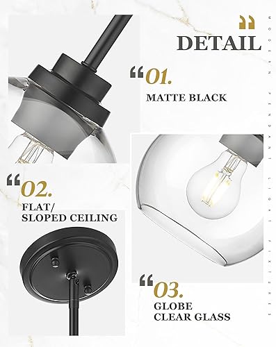 Miniatura 3 de AD-22280-1P2-BK-C - Luces colgantes negras modernas de 7 pulgadas con pantalla de globo de vidrio transparente, iluminación de isla de cocina para