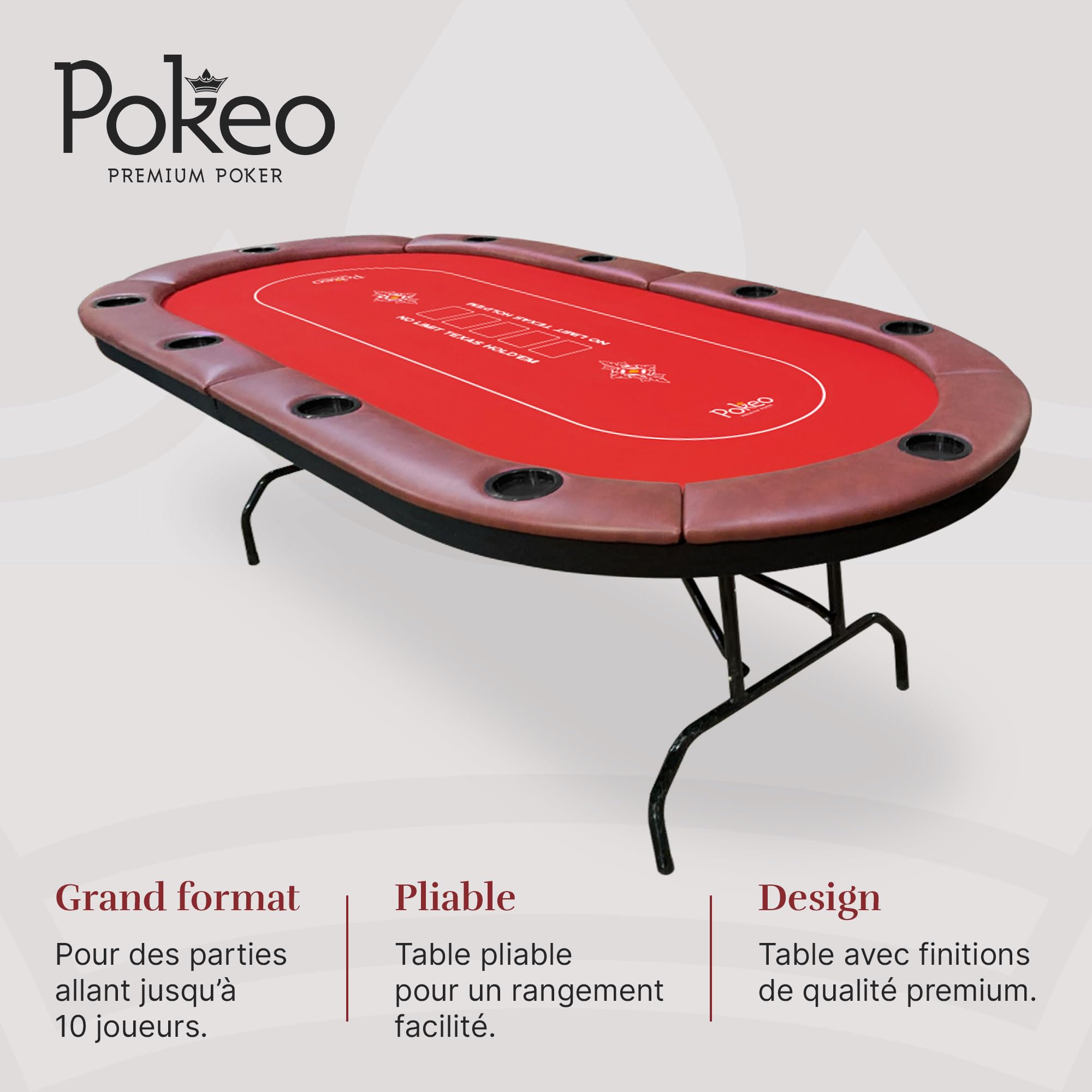 Mesa de Póker Plegable para 10 Jugadores Tapete Rojo Portavasos Texas Hold'em