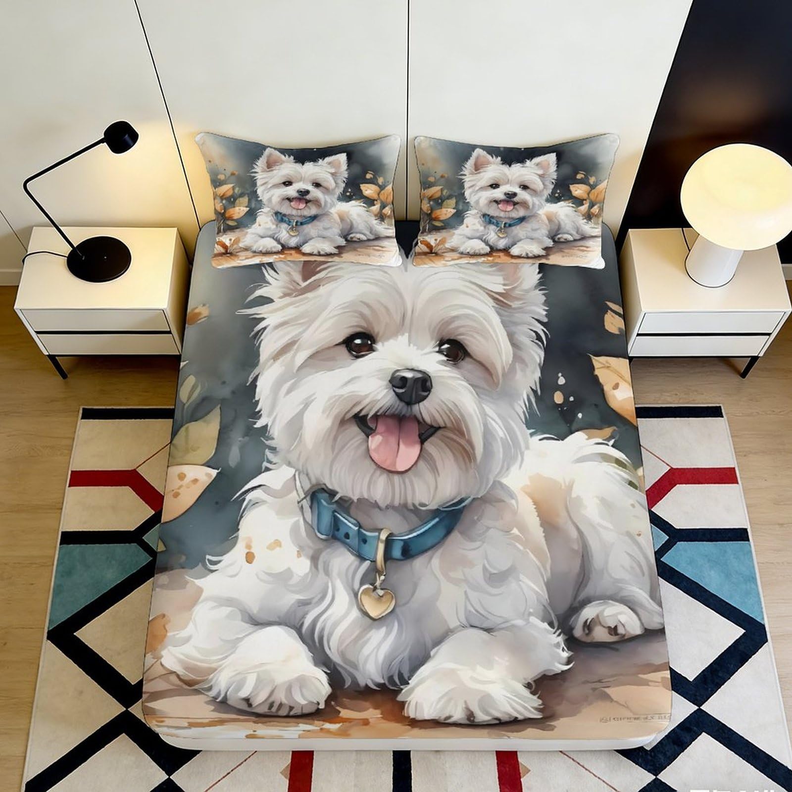 3D Printed Cute Dog Fitted Sheet Microfiber Soft Breathable Cartoon Puppy Bed Sheet for Bedroom Guest Room Decor 90x200x25cm
