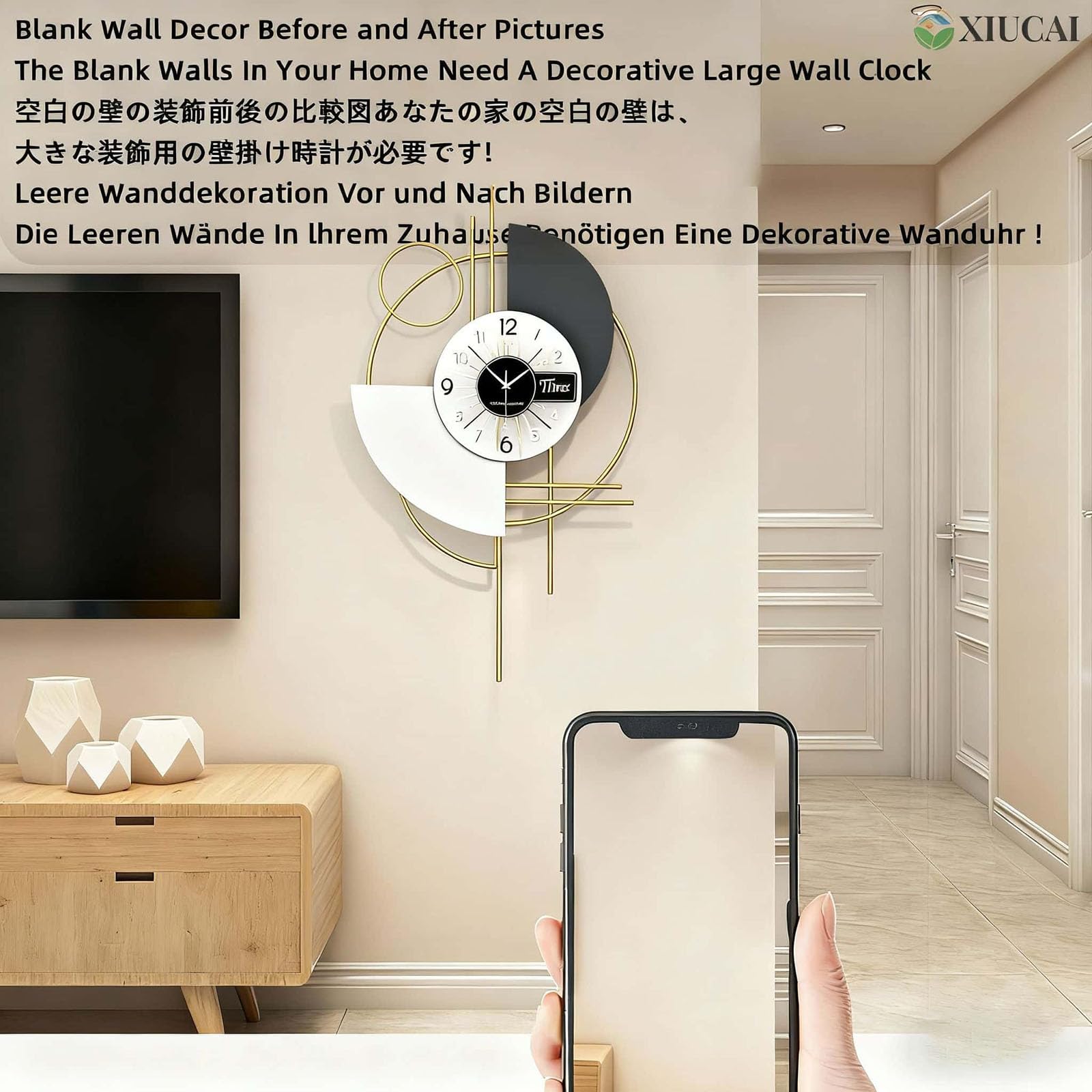 Reloj de Pared Moderno Silencioso, Gran Reloj Metálico Geométrico de 74 cm, Movimiento de Cuarzo Silencioso a Pilas, Decoración para Sala Dormitorio Oficina,Large