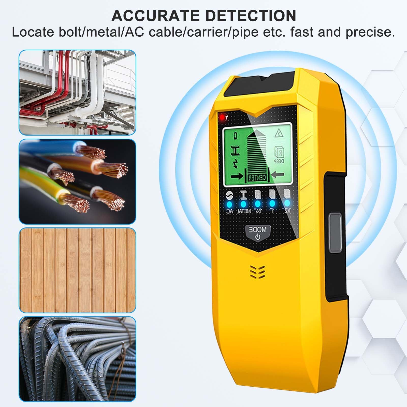 Détecteur de fils 5 en 1 - Scanner mural - Avec écran LCD et alarme sonore - Pour trouver des lignes électriques, des poutres en bois, des tuyaux métalliques, etc. - Jaune
