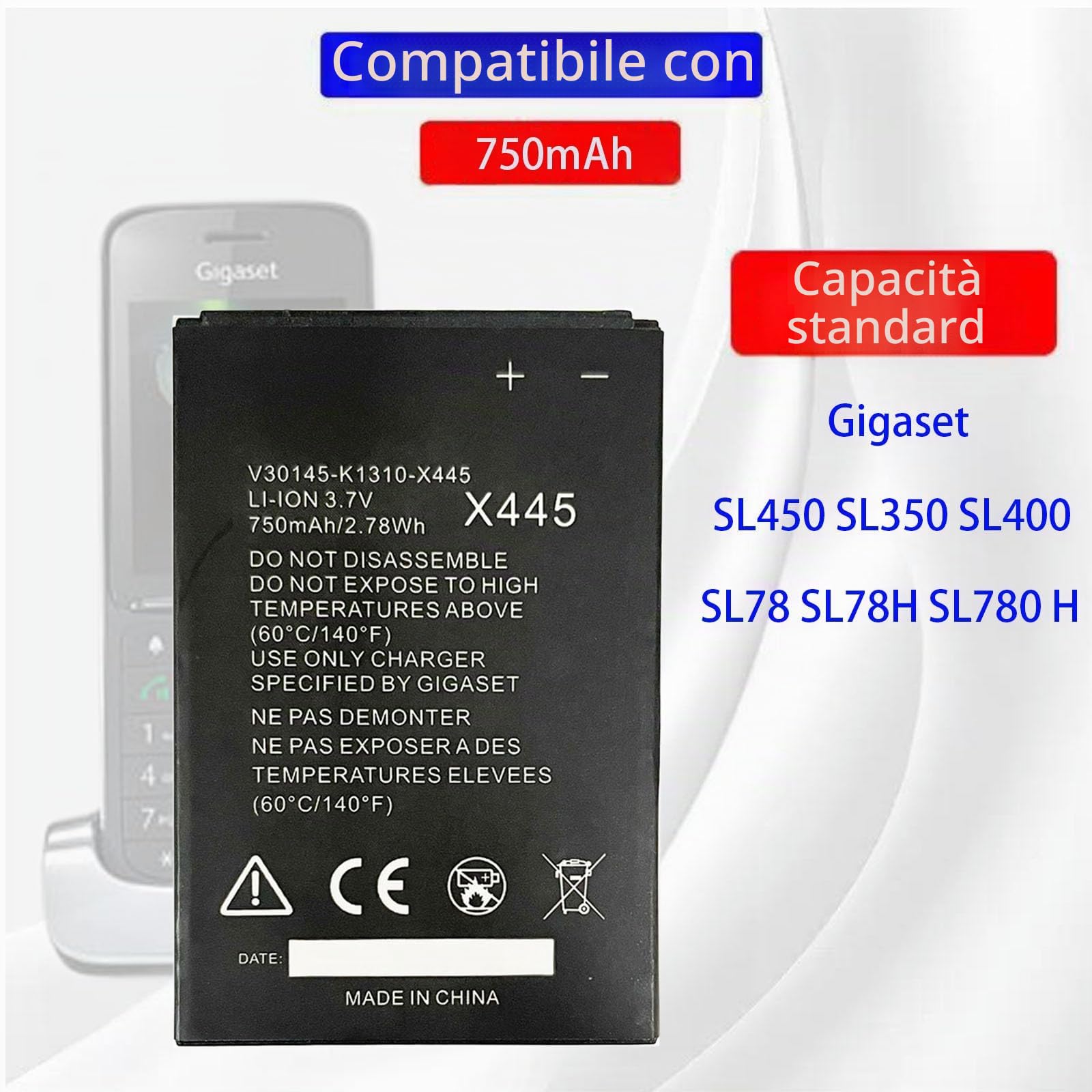Batteria Di Ricambio V30145-K1310-X445 Per Gigaset SL450, SL350, SL400, SL78, SL78H, SL780 – 750mAh 3,7V - 4