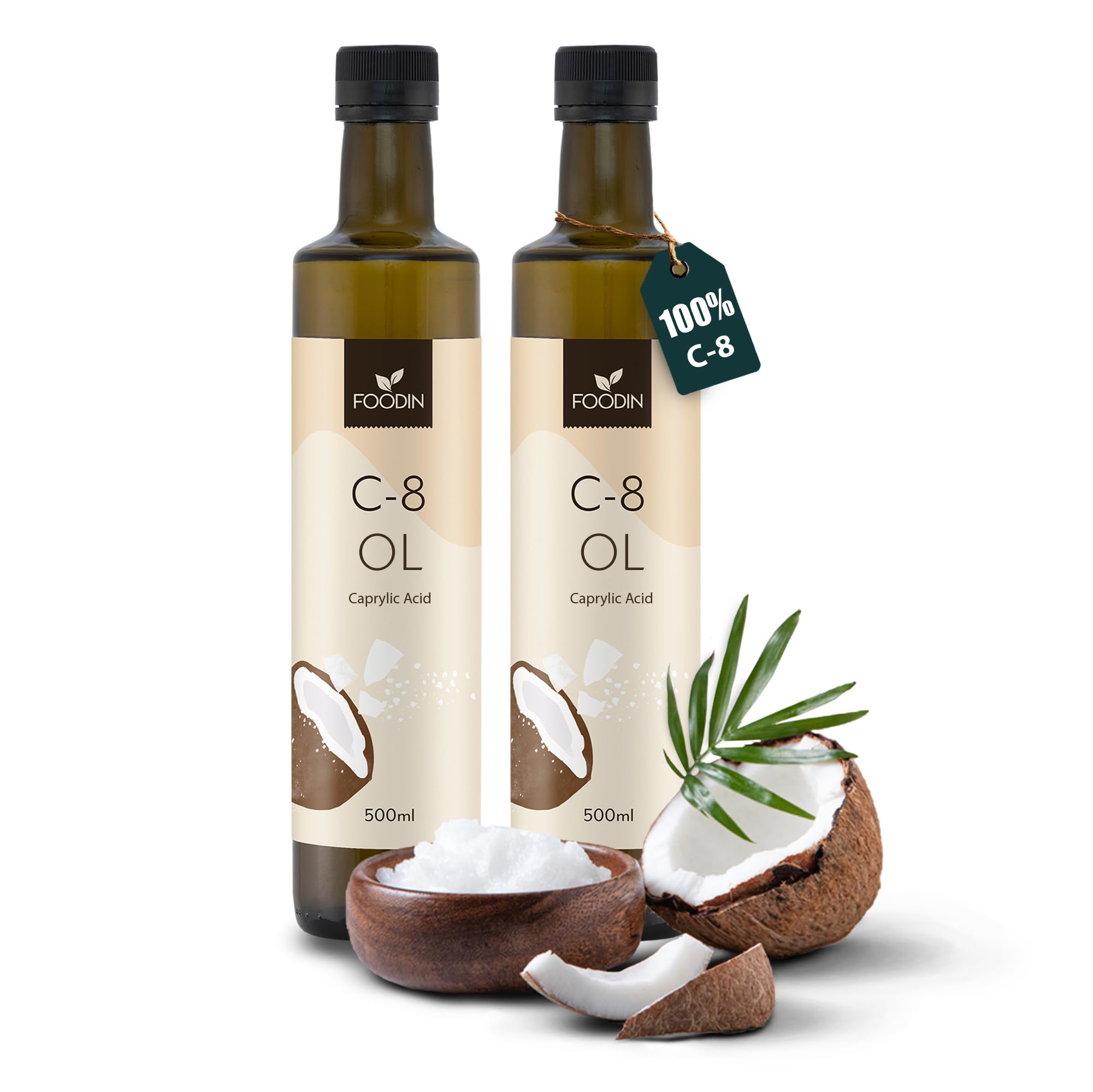 FOODIN Olej MCT C8, 1000ml Olej kokosowy, Najlepszy dla diety ketogenicznej, Olej MCT Ketony do picia, 3x więcej ketonów (100% C8), Olej kokosowy płynny i bezsmakowy (2x500ml)