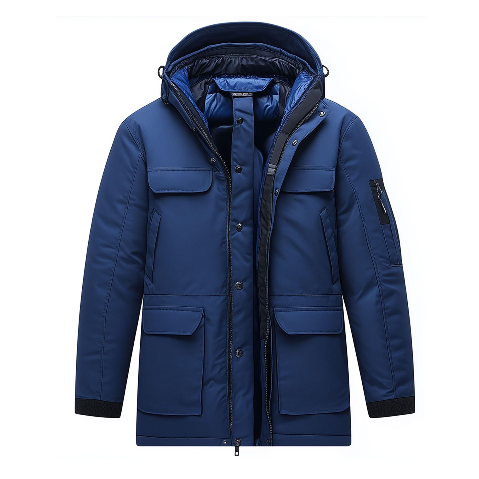 Mens Parkas Urban Jacket Luxurious Thigh Length Nylon Coats Front Pockets Removable Hood Winter Coat Warm Blue Parka