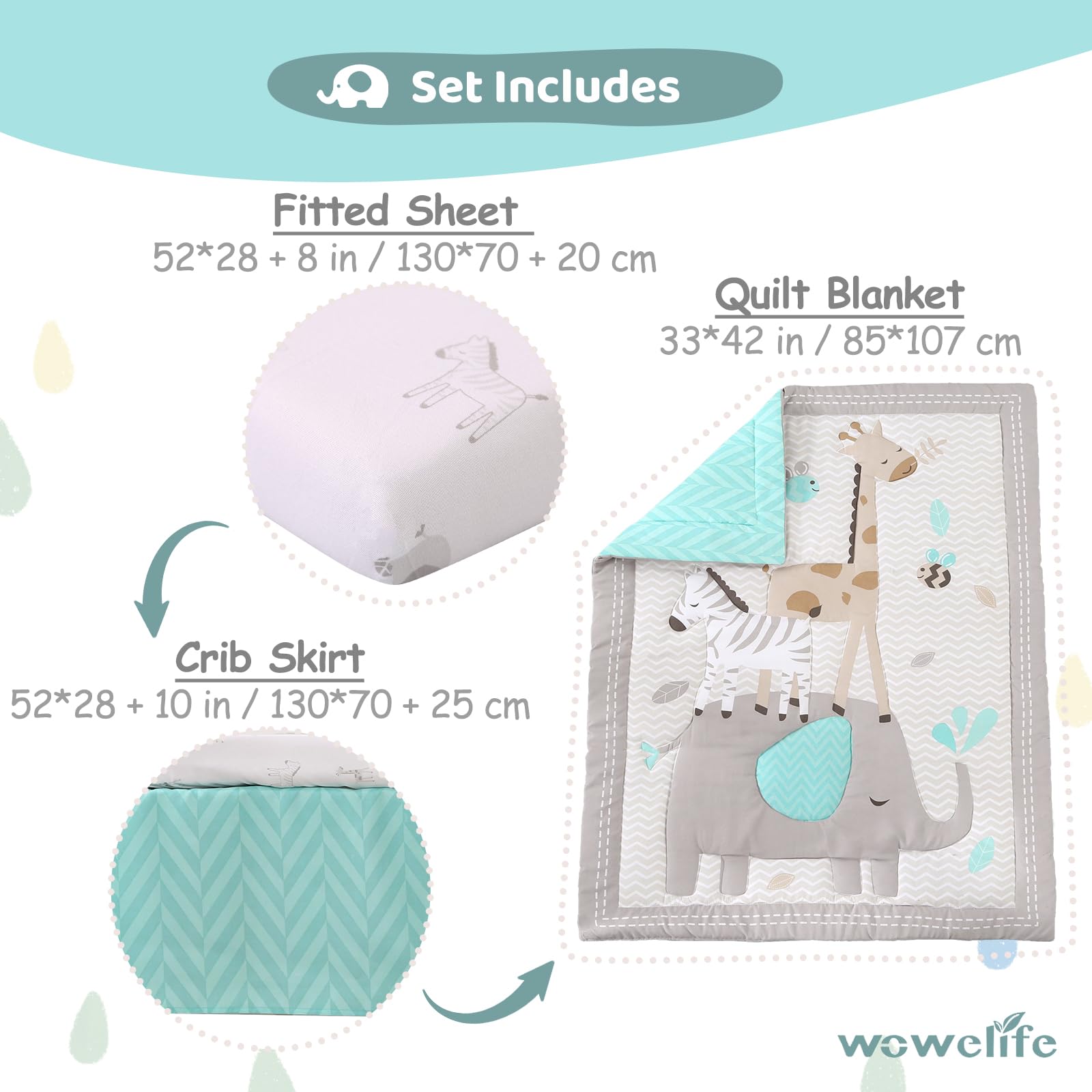 Juego de ropa de cama para cuna de elefante, color gris, juego de ropa de cama de 3 piezas para bebé, elefante, safari, recién nacido y bebé, gris