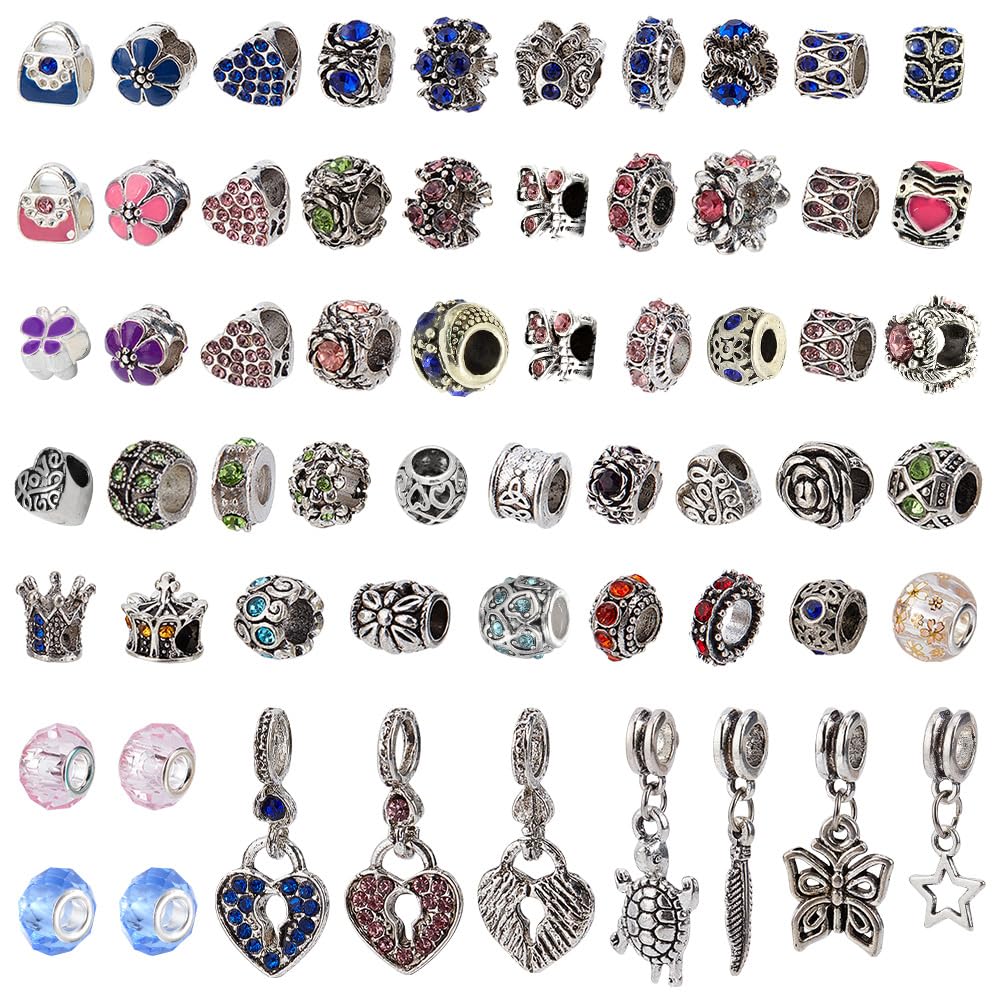 PH PandaHall Women's Elite 60 Pcs Murano Glass Beads Rhinestone Spacers Metal European Beads Dangle Pendant Charms Fit Snake Style Charm Bracelet Mixed Colors Length 10~27mm Mixed Colors-60 Pcs