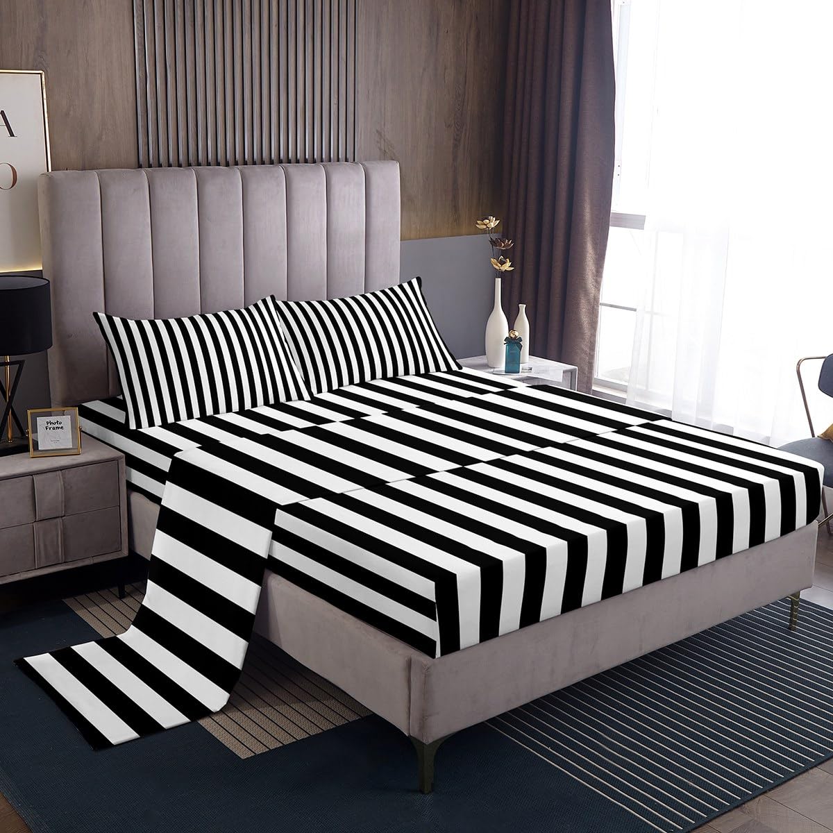 Juego de sábanas a rayas blancas y negras tamaño King, juego de cama básico simple con bolsillo profundo, sábana bajera geométrica, transpirable, suave, ligera, de microfibra