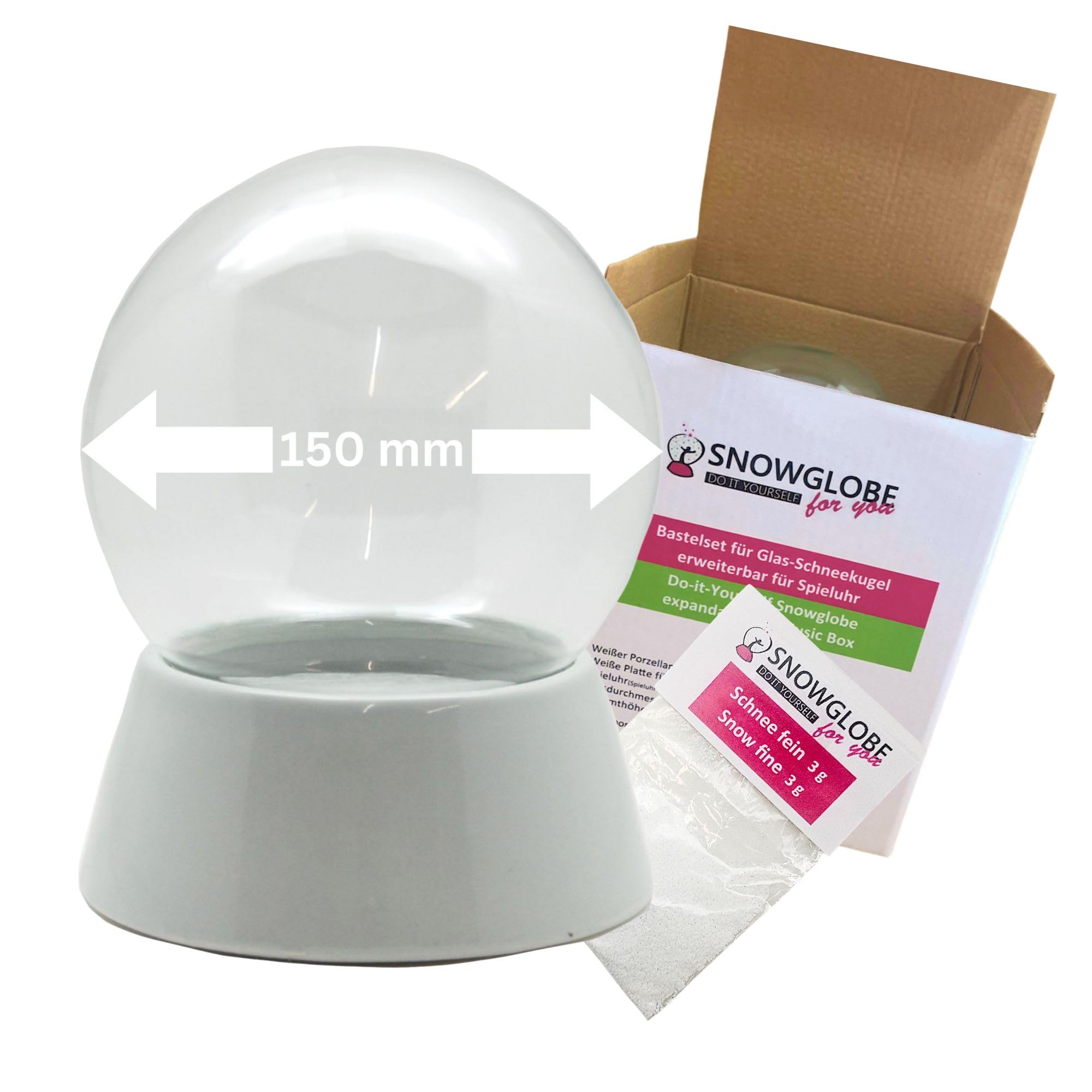DIY-Komplettset m. 1 x Schnee, Glitzer, Wasserklar & Kleber | Bastelset mit Glaskugel und Porzellansockel | Schüttelkugel individuell selbermachen | Breite: 150mm, Höhe:200mm | 40143