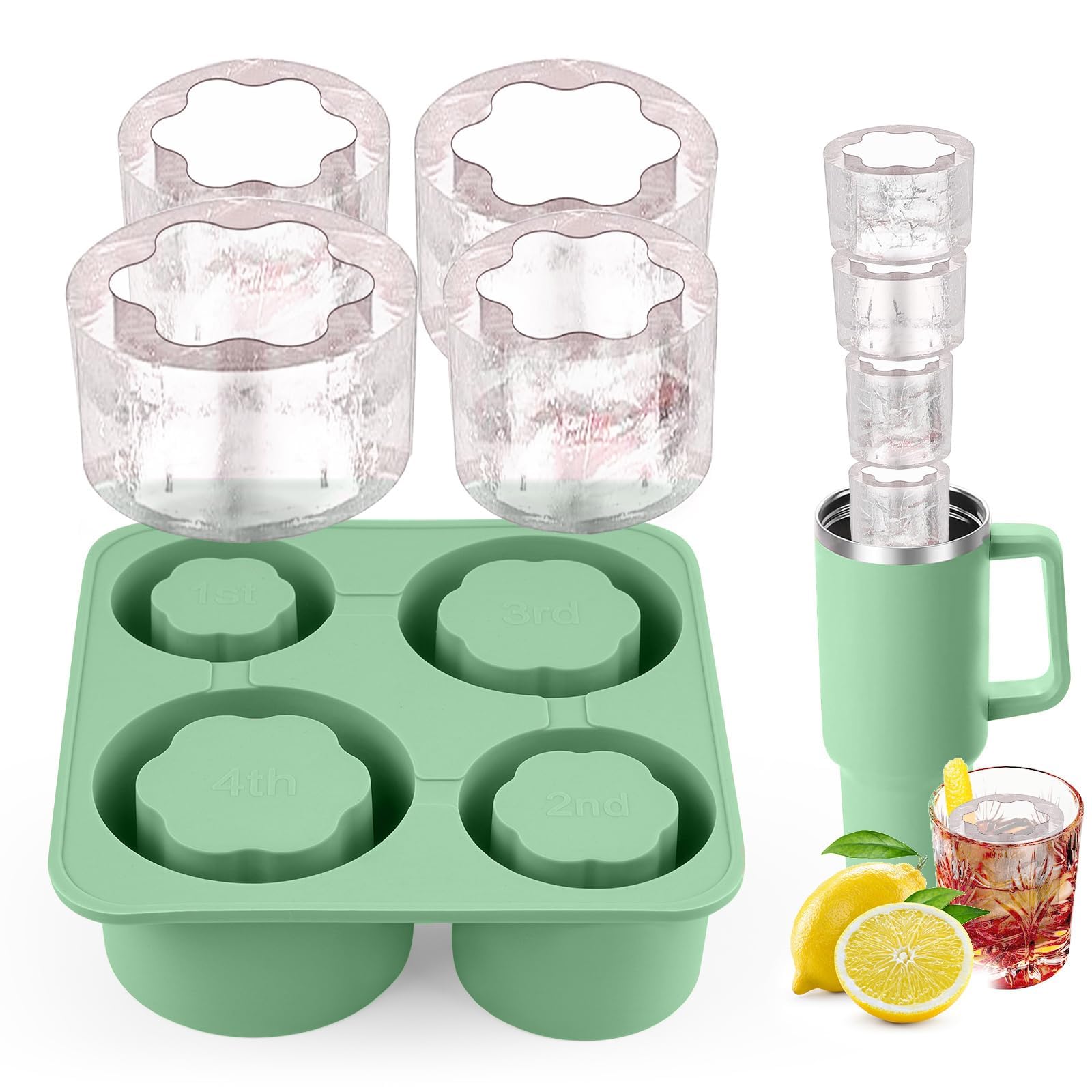 Stanley Cup Ice Cube Tray, Stanley Cup Accessories, Silicone Ice Molds with Lid, 4 Compartments 40oz Cup Cylinder Ice Mold for Freezer, Coffee, Juice, Bpa Free, Dishwasher Safe