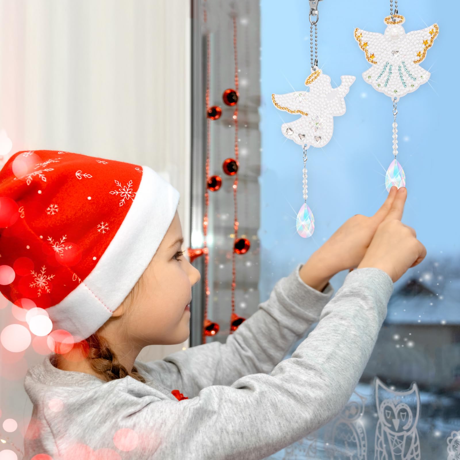 MONCAP 6 PCS Diamond Art Painting Kits 5D Guardian Angel Diamond Keyrings Double Sided DIY Art and Craft Christmas Hanging Ornament Pendant for Window Home Garden - Image 2