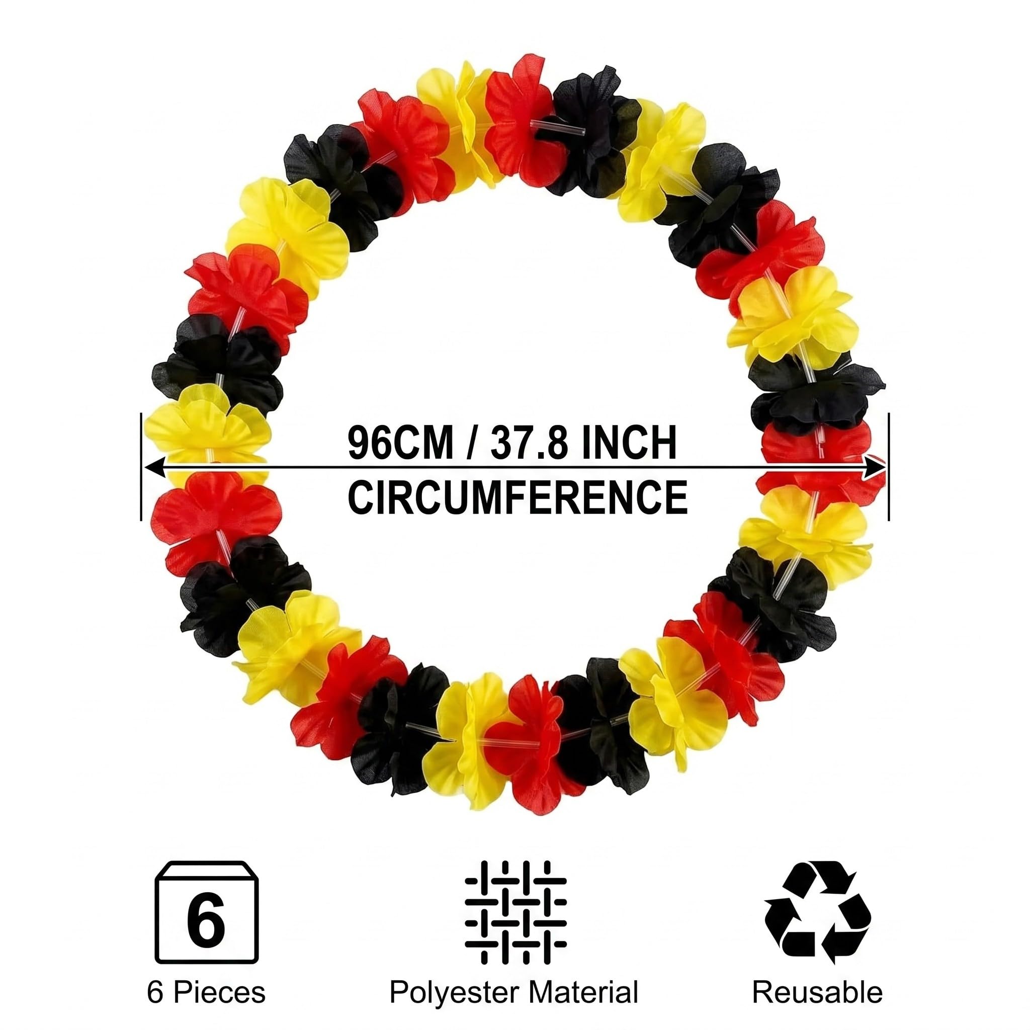 Lot de 6 Colliers Hawaïens de Fleurs Noir Rouge Jaune, collier de fleurs 96cm pour supporters de football, accessoire de fête pour matchs et soirées à thème sportif en polyester