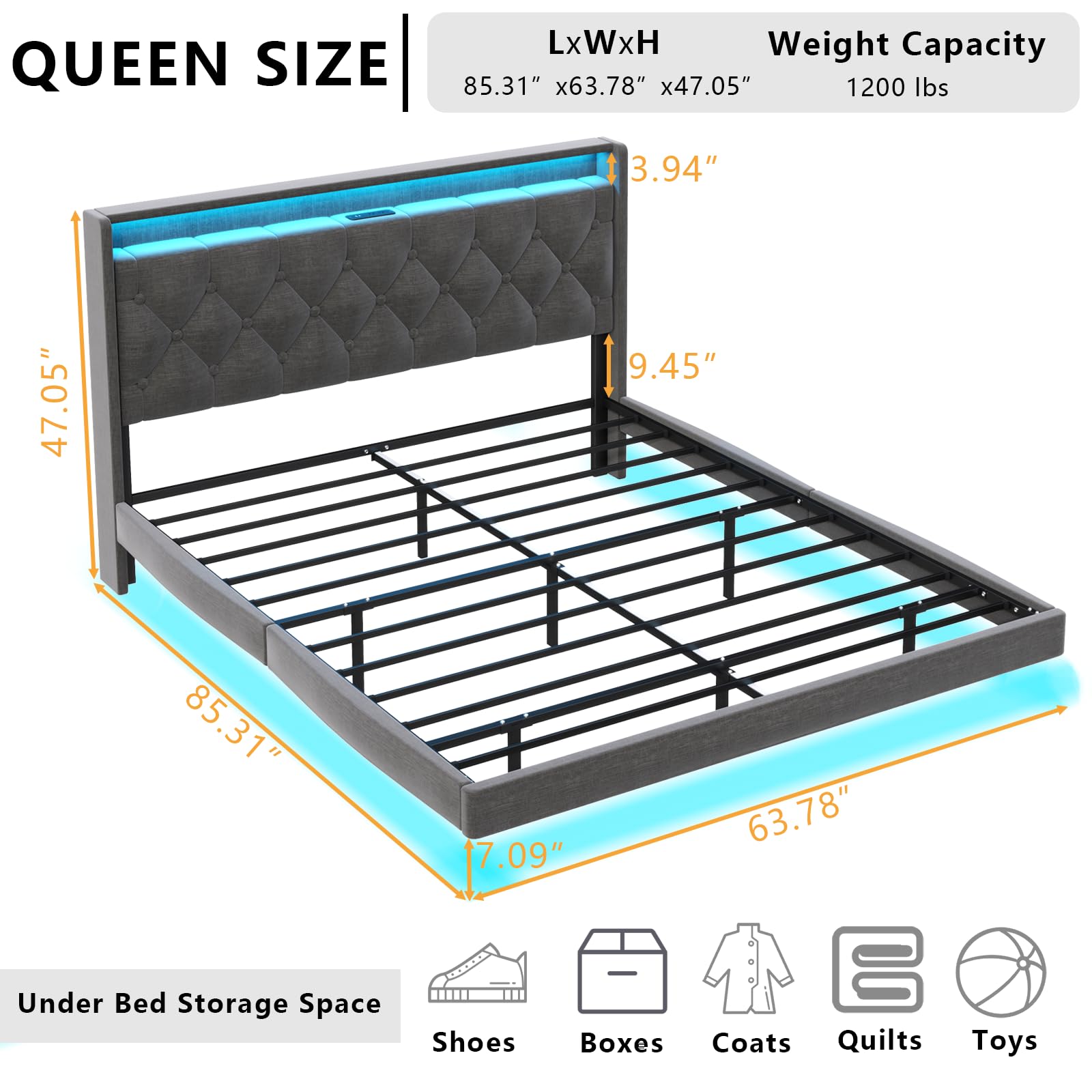 Loomie Queen Floating Bed Frame with Charging Station & LED Lights, Upholstered Platform Bed with Button Tufted Wingback Storage Headboard, No Box Spring Needed, Wood Slats Support, Easy to Assemble