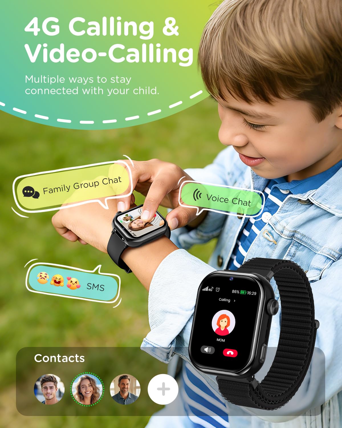 4G Montre Connectée Enfant GPS, Smartwatch avec Appel, Appel Vidéo, Chat Vocal, SOS, Mode École, Podomètre, Réveil, Appareil Photo, IP68 Étanche, Montre Telephone Enfant pour Garçons Filles, Bleu