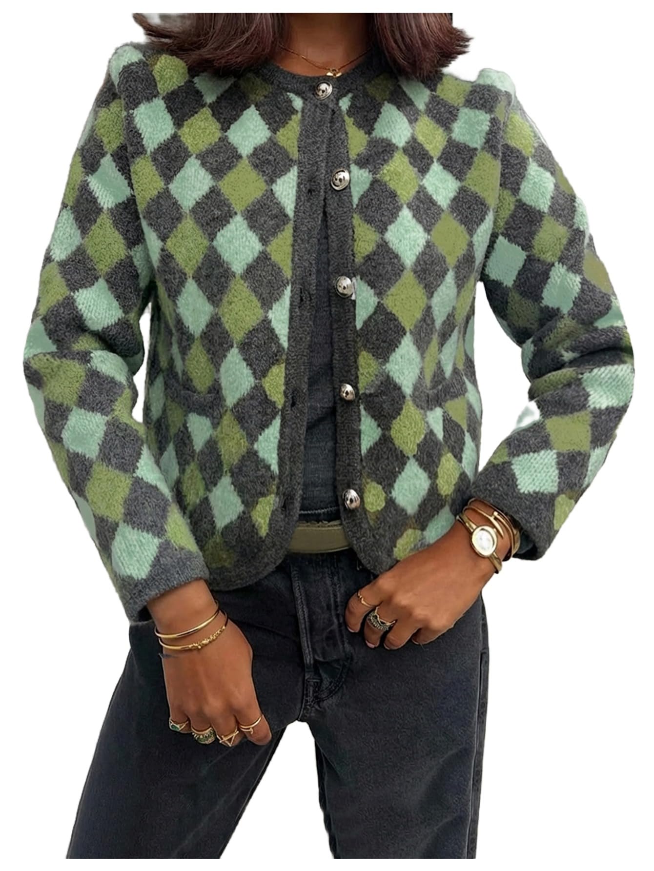 WDIRARA Womens Plaid Checkered Cardigan Sweaters Long Sleeve Button Up Knit Outerwear