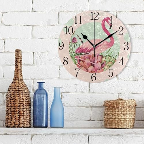 Miniatura 3 de SUABO Hello Flamingos - Reloj de pared redondo rosa con números arábigos, para sala de estar, baño, decoración del hogar