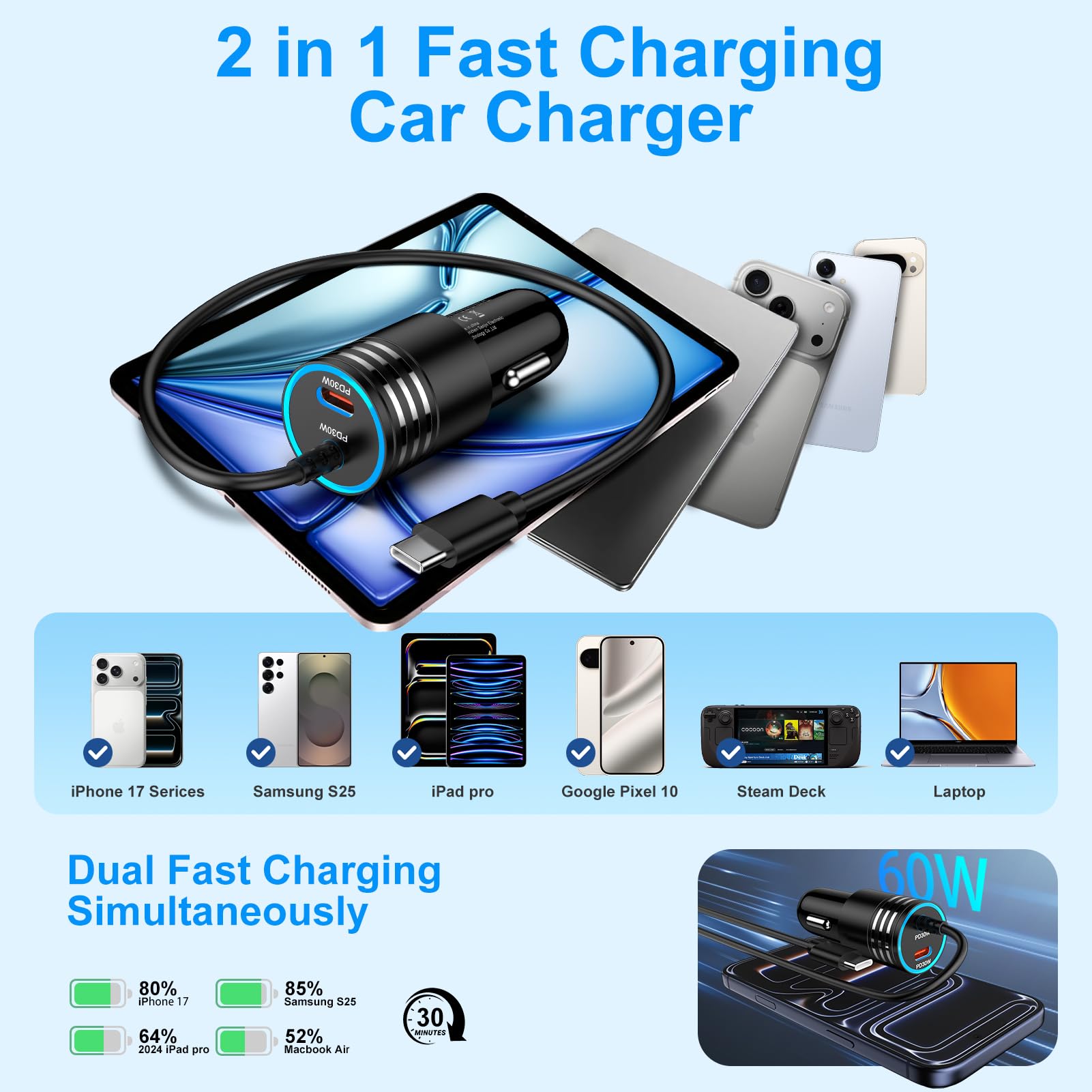 Amazon.co.jp: iPhone 17 車用充電器 USB C 高速充電、60W 超高速