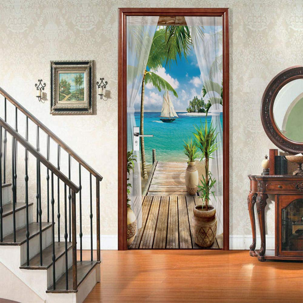 3d Pegatina Puerta Mural Autoadhesivo Con Vista Al Mar, DecoracióN