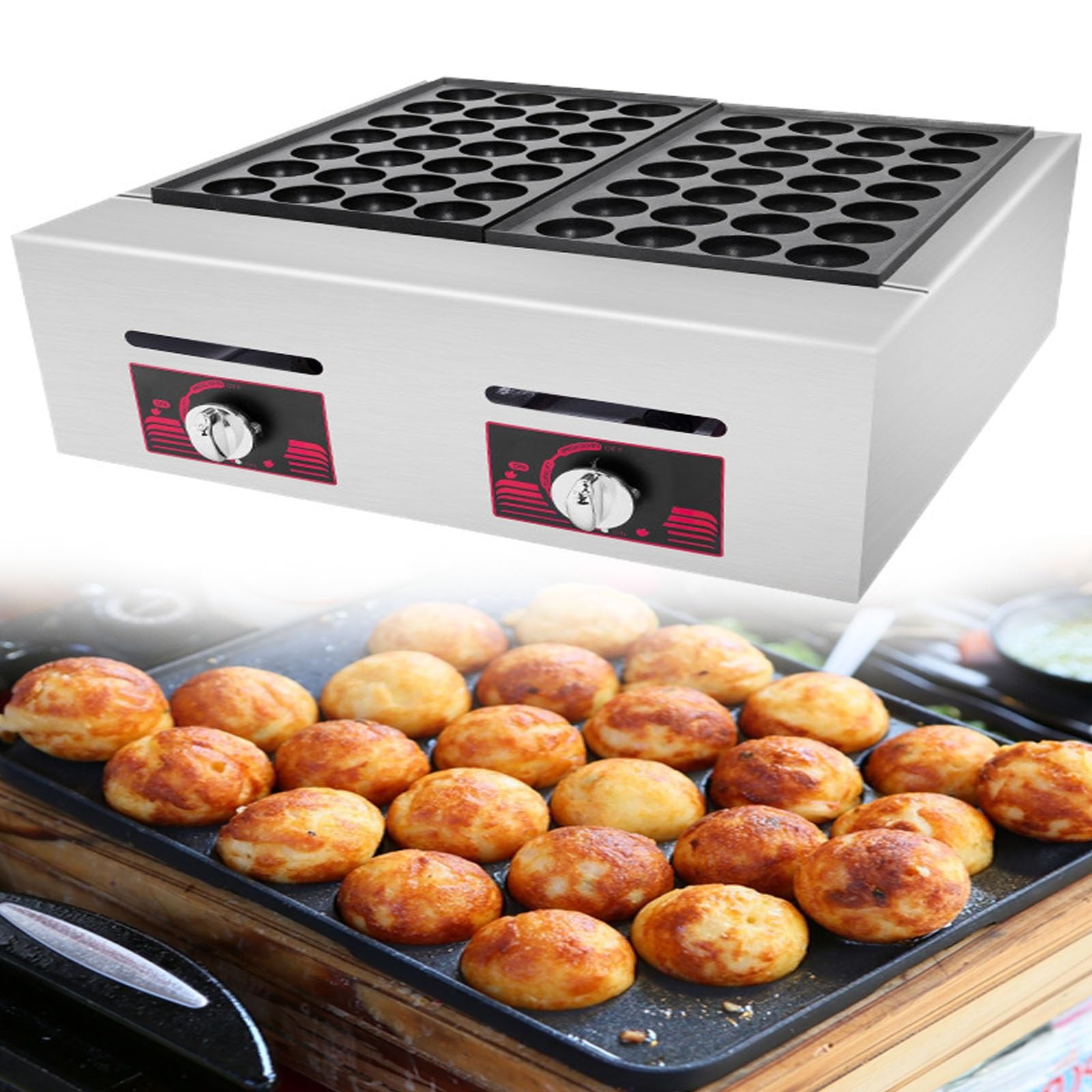 Macchina per takoyaki a gas professionale da 4000 W con doppia vaschetta e controllo indipendente della temperatura, in grado di preparare 56 polpette di polpo giapponesi contemporaneamente
