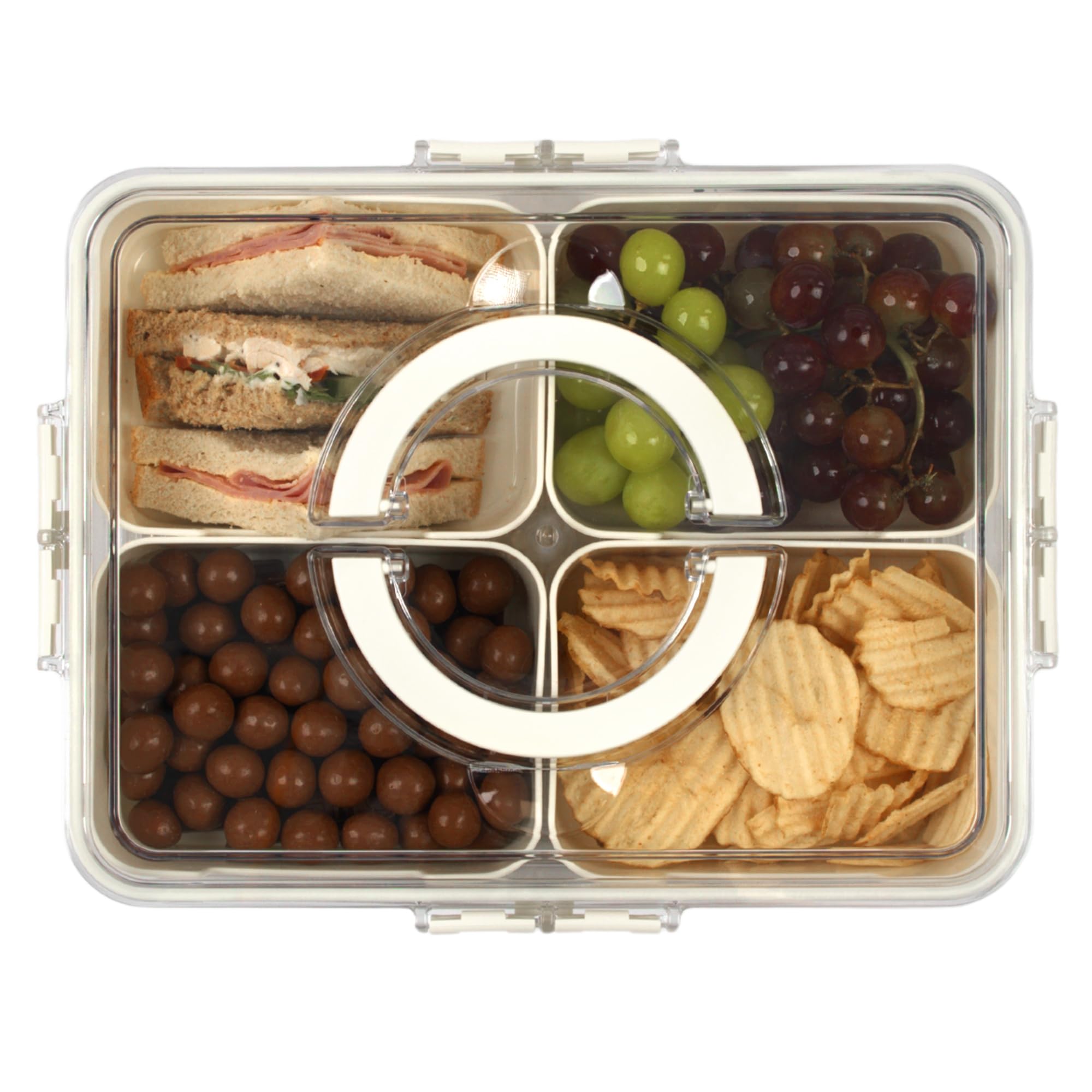 LIVIVO Snack Box with Compartments - 4 Removable Trays, Portable Snack Tray with Lid, Handle, Snap Locks - Silicone Seal, BPA Free - Ideal for Fruit, Snacks, Nuts, Spices, Picnics & Parties