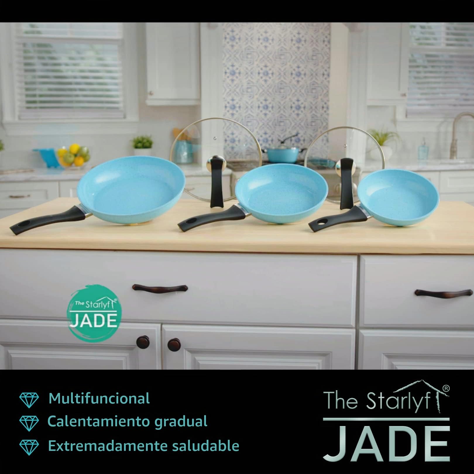 STARLYF Jade Pan – Juego de Sartenes Antiadherentes con Revestimiento de Jade, Aptas para Inducción, Gas y Vitrocerámica, Mango Ergonómico y Calentamiento Uniforme, Set Duradero