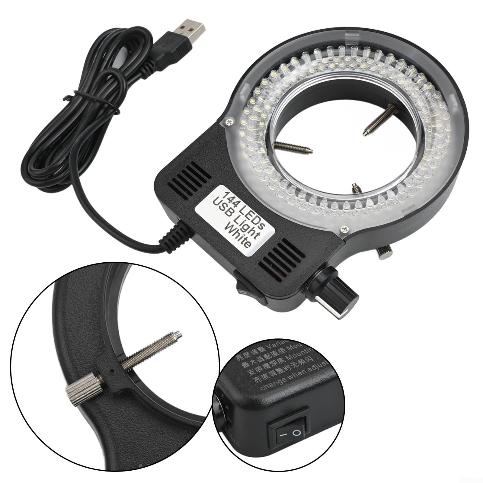 Einstellbare USB-LED-Ringlicht-Mikroskop-Lampe mit 72 oder 144 F3-Lampen, 6500–7000 K weiße Beleuchtung für Monokular-Stereo-Mikroskope, DC12-V-Ausgang (144 LED)