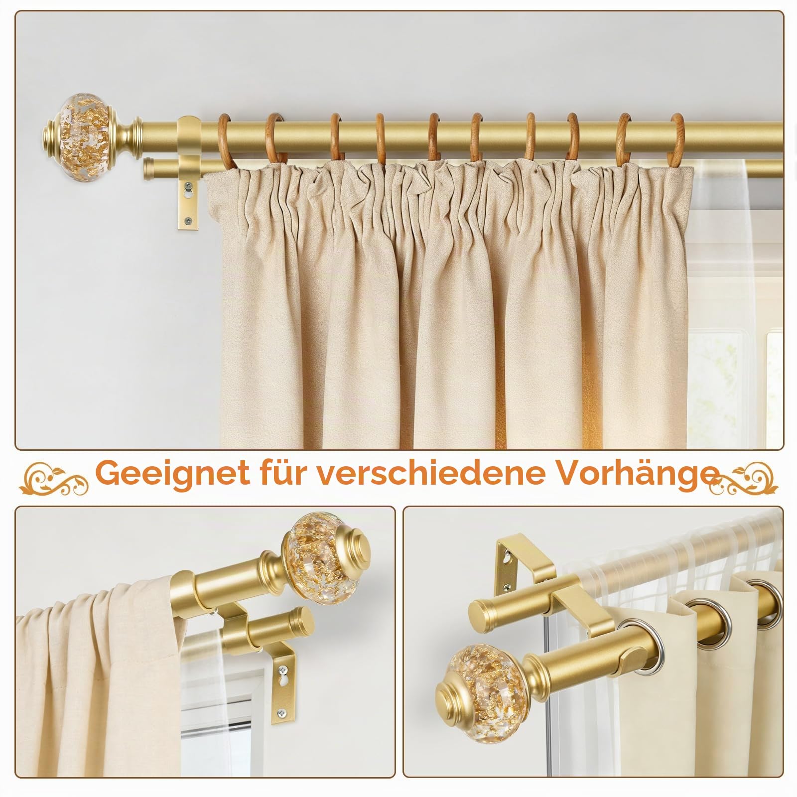 2,5 cm goldene Doppel-Gardinenstangen 91,4 bis 182,9 cm (3 bis 1,8 m), USFOOK Gardinenstangen für Fenster, Teleskop-Doppelvorhangstange mit luxuriösen durchscheinenden Endstücken