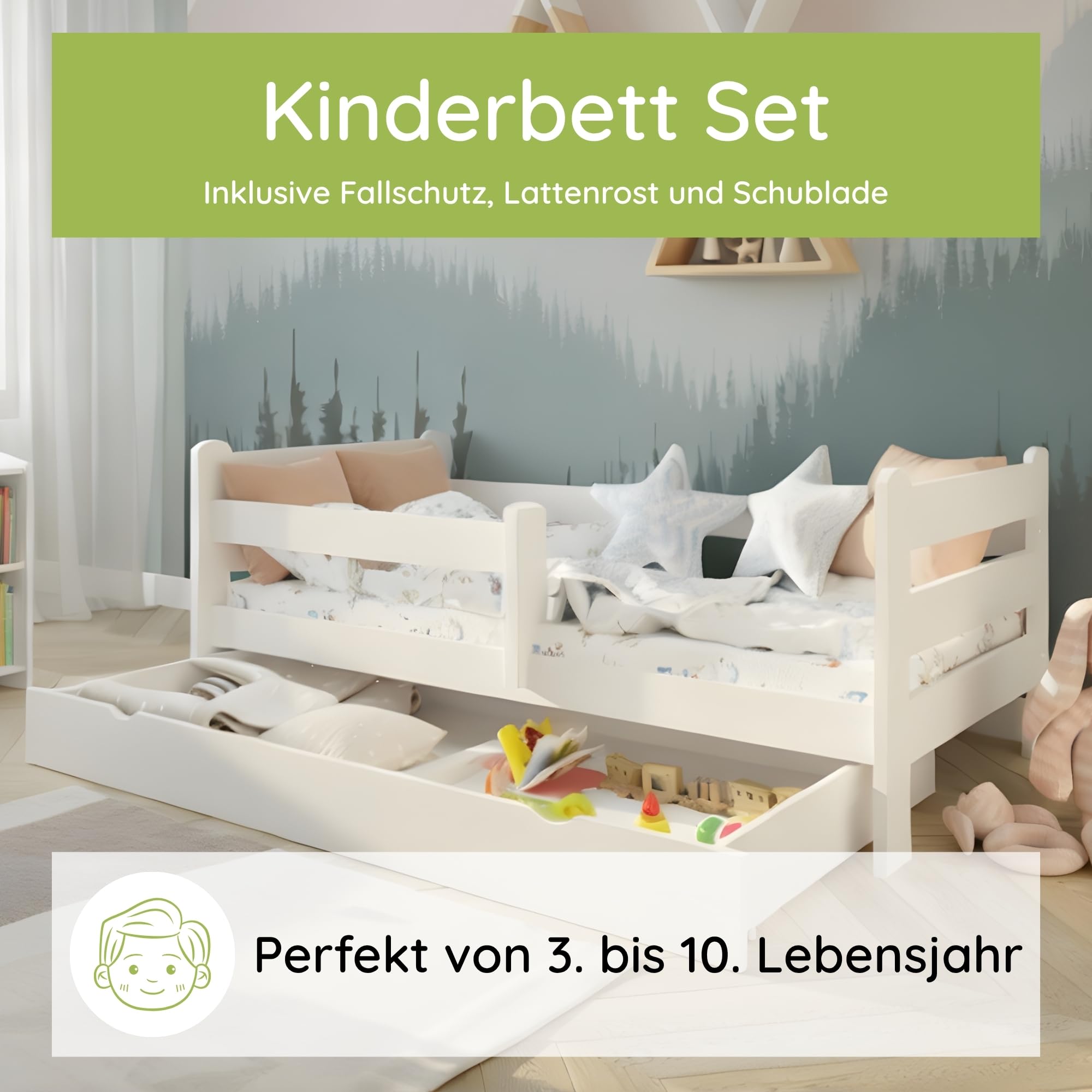 Kids Collective Kinderbett 80x160 cm Kinder Bett Jugendbett Juniorbett | Mit Rausfallschutz & Schublade | Stabiles Kiefernholz | 80×160 cm von 3. bis 10. Lebensjahr | Weiß