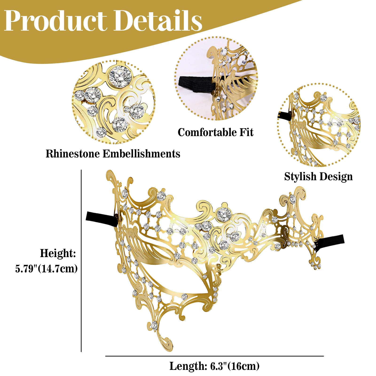 Flonge Women's Rhinestone Masquerade Mask: Shiny Half Face Metal Masks Halloween Mardi Gras Venetian Party Ball Costume Accessories Gold - Image 2