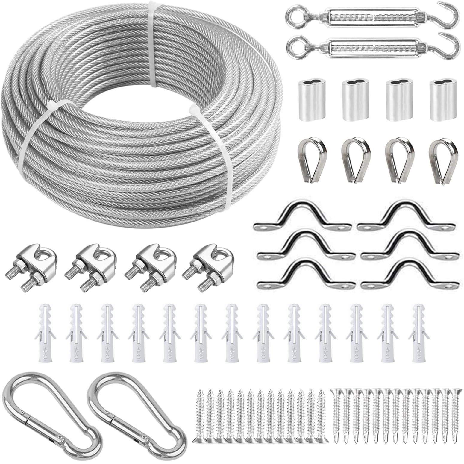 Set di Sospensione per Cavi in Acciaio Inossidabile, Cavo Acciaio Rivestito in PVC 30m, 5mm Fune Kit Appendere Cavo, per Piante Rampicanti, Stendibiancheria da Esterno, Appendere Lamp, Tende