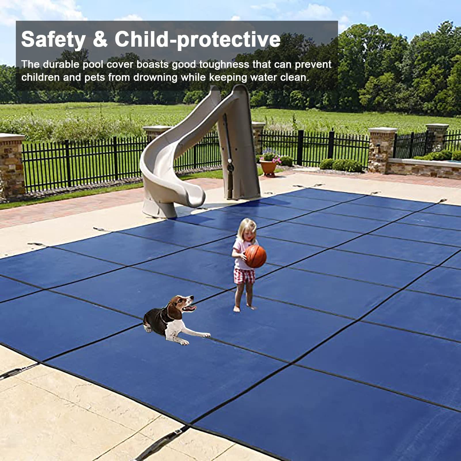 Cobertor Solar para Piscinas Cubiertas de invierno para piscina de alta resistencia azul, cubierta segura de red de hojas duradera para patio trasero al aire libre, alfombrilla de marco rectangular,
