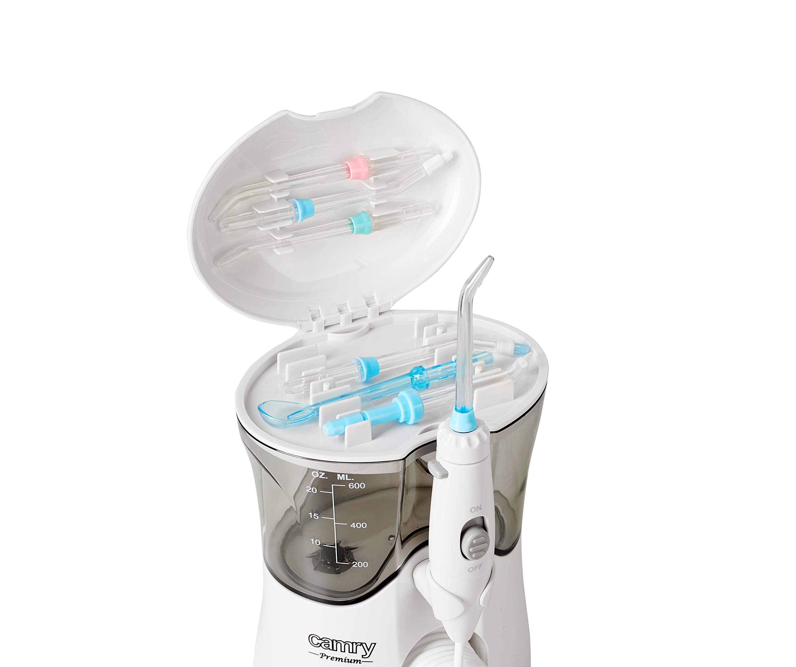 CAMRY CR2172 Irrigador Bucal Portátil con 7 Boquillas, Multifuncional 600ml Irrigador Dental, Profesional, Limpieza de Dientes de Ortodoncia y Dientes de Implante, Lavado Pulsado de Dientes